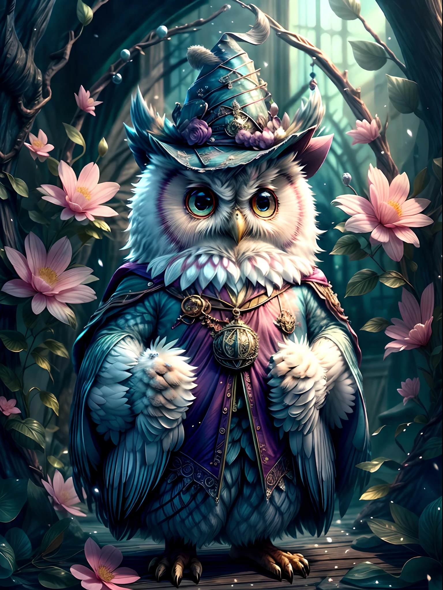 A mysterious owl at Hogwarts School of Witchcraft and Wizardry，Wearing a mage's robes，Wearing a pointed hat，Teaching with a wand，Full of magic and aura，Chubby cute，pink back ground，fresh flowers，vases，dream magical，Open-mouthed，ssmile，Furry art，elokitty，Disney's Owl，disney stylized furry，Ear floating，Fluffy feathers，Fluffy，themoon，yang08k