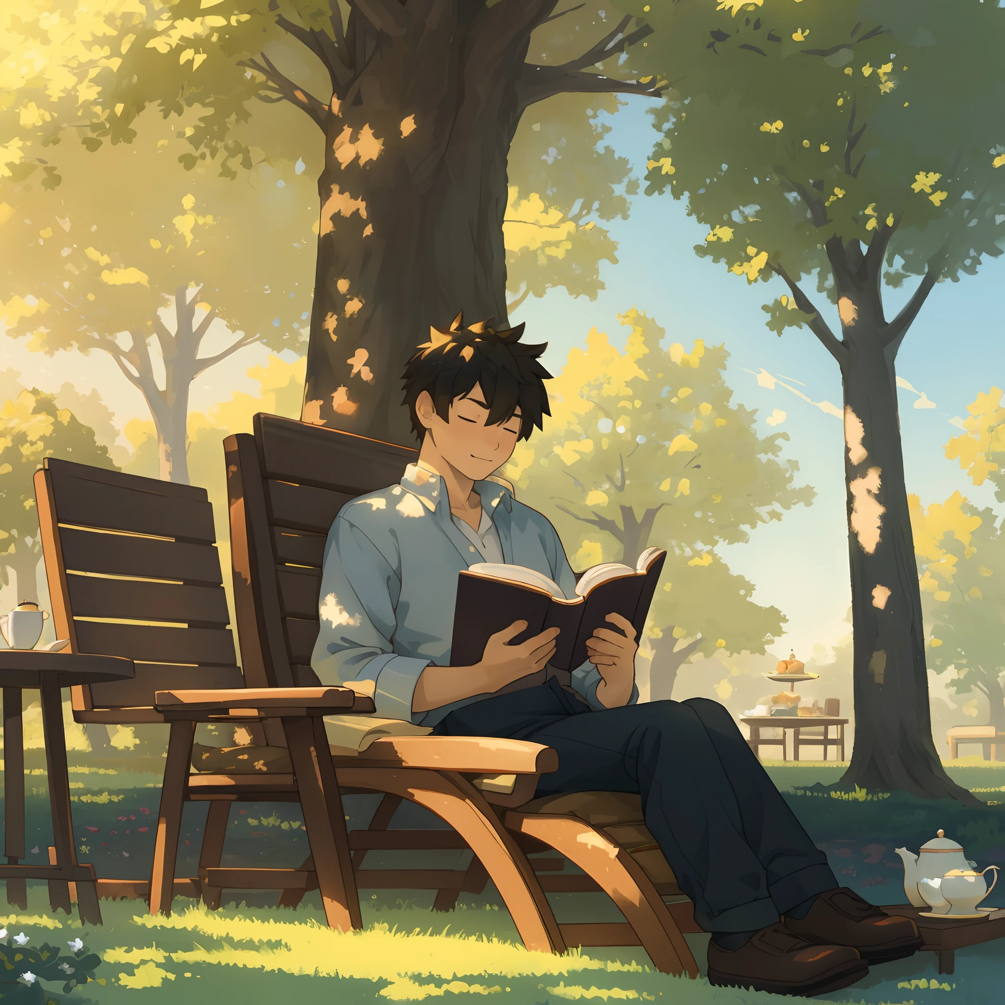 A boy and a cat，with blue sky and white clouds，tree shade, grassy fields，book，A bottle of drink