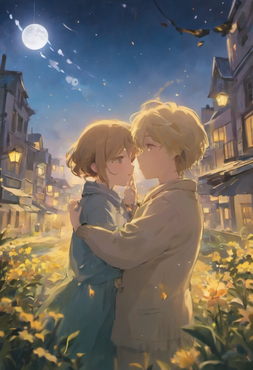 Woman and man couple ,the night，In oil painting style，nature, Big moon all over the sky，Heart-shaped bubbles，Cartoony，Chubby little girl and little boy hugging each other，Cute and cute，Glow effects，Dingdall effect，depth of fields，high light，Real light，Ray traching，oc rendered，Hyper-realistic，best qualtiy，8K，Works of masters，super-fine，Correct anatomy，sharp focus on eyes，Bokeh，Facial features are carefully depicted
