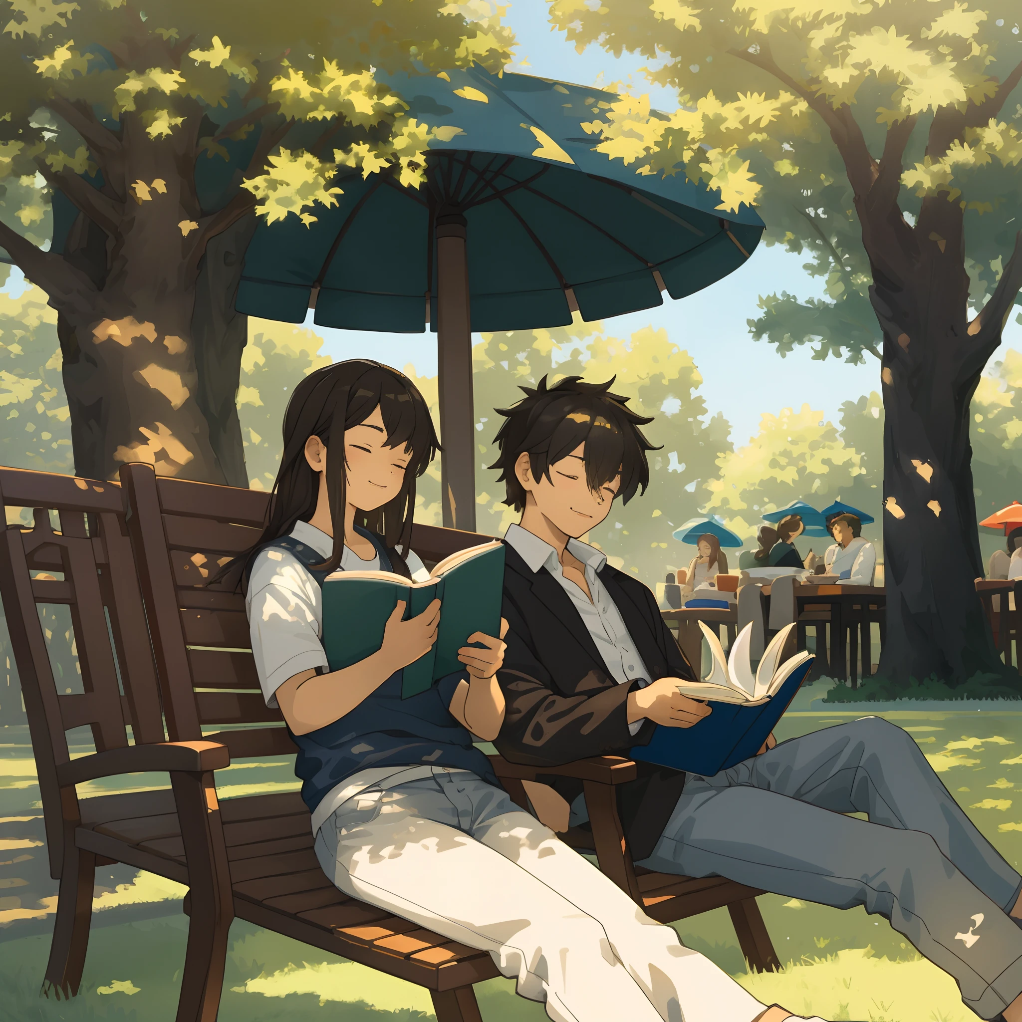 (masterpiece, top quality, best quality)fan-created illustration capturing a casual day in the life, relaxing in a in a dimly lit sunlit park, reading books and enjoying a peaceful afternoon tea, uitable for a fan-created work that could be shared on platforms like Pixiv or Twitter,