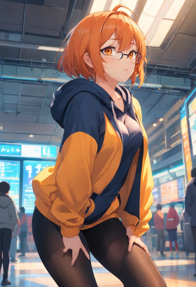 1 female、Orange hair、Colossal tits、Huge ass、Fitting black full-body tights、yellow eyes、thick thighs、a short bob、wide hips、Thigh muscles、Strong thighs、White hoodie、Sexy ass、eye glass、Sexy
