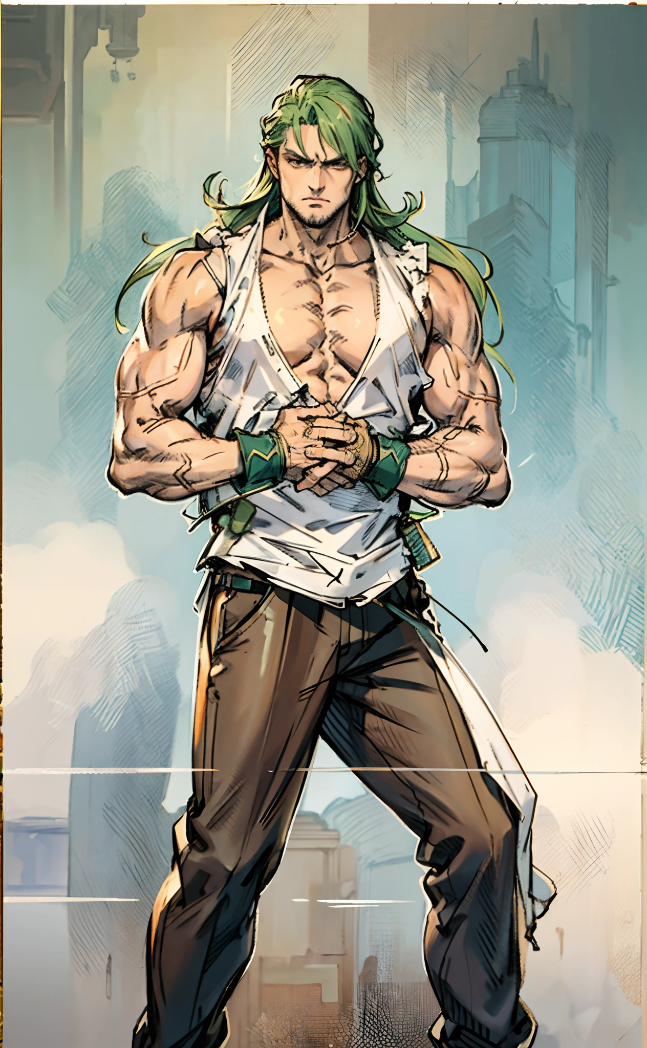 A young man, long orange-green hair, with the lengthy hair bangs covering most of his face, revealing a fierce gaze, a red stripe on the side of his face, a loose and simple sleeveless dark vest, exposing his sturdy muscles, wearing fabric wrist guards, coarse cloth trousers matching the outfit, he clenches his fists in front of his chest, assuming a combat-ready stance, the backdrop features a bustling market in a medieval fantasy-style setting, this character embodies a finely crafted fantasy-style street thug in anime style, characterized by an exquisite and mature manga illustration art style, high definition, best quality, highres, ultra-detailed, ultra-fine painting, extremely delicate, professional, anatomically correct, symmetrical face, extremely detailed eyes and face, high quality eyes, creativity, RAW photo, UHD, 8k, Natural light, cinematic lighting, masterpiece-anatomy-perfect, masterpiece:1.5