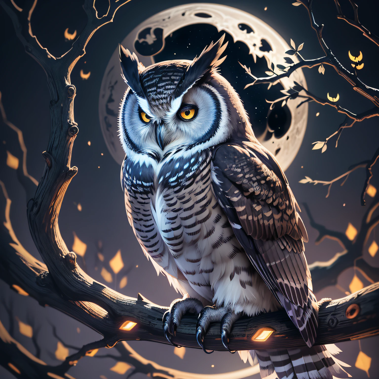 "Midnight Owl": A mystical and nocturnal scene showcasing a majestic owl perched on a gnarled branch under a crescent moon, with an air of mystery and enchantment, perfect for a Halloween-themed, Ultra realism, color field printing, high detail, UHD, 8k, anatomically correct, cinematic lighting 4d quality
