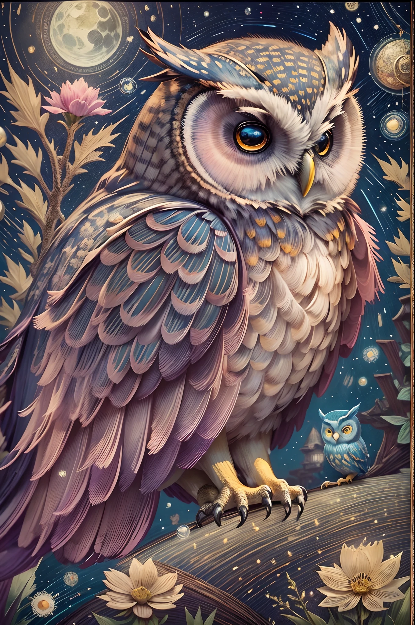 （tarot cards：1.5，rotary symmetrical），(tmasterpiece),（ultra - detailed：1.3），best qualtiy，（glittery:1.2），（dreamworld:1.4），((Van Gogh style owl)),（The moon is empty），A mysterious owl at Hogwarts School of Witchcraft and Wizardry，Wearing a mage's robes，Wear a pointed hat，Teach with a wand，Full of magic and aura，Chubby cute，pink back ground，fresh flowers，vases，dream magical，Open-mouthed，ssmile，the night，Skysky，moon full，NOhumans，Fantastic magic style, and other decorations, Fantasy world, In cute cartoon design style, pop mart, Clay material，vibrant with colors，brightly，1.4x realism，hyper HD，It is displayed in this beautiful scene，（The is very detailed，reasonable design，Clear lines，High- sharpness，tmasterpiece，offcial art，movie light effect，8K）