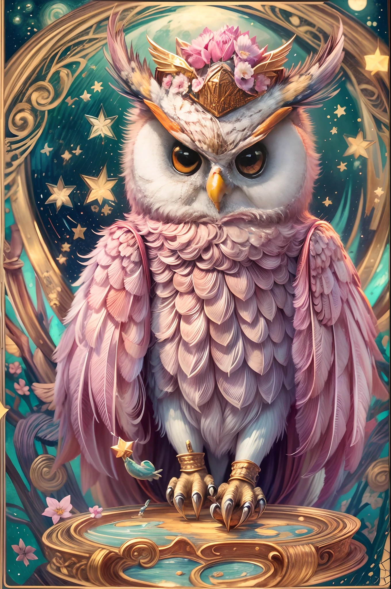 (tarot cards:1.5,rotary symmetrical),(tmasterpiece),(ultra - detailed:1.3),best qualtiy,(glittery:1.2),(dreamworld:1.4),((Van Gogh style owl)),(The moon is empty),A mysterious owl at Hogwarts School of Witchcraft and Wizardry,Wearing a mage's robes,Wear a pointed hat,Teach with a wand,Full of magic and aura,Chubby cute,pink back ground,fresh flowers,vases,dream magical,Open-mouthed,ssmile,the night,Skysky,moon full,NOhumans,Fantastic magic style, and other decorations, Fantasy world, In cute cartoon design style, pop mart, Clay material,vibrant with colors,brightly,1.4x realism,hyper HD,It is displayed in this beautiful scene,(The is very detailed,reasonable design,Clear lines,High- sharpness,tmasterpiece,offcial art,movie light effect,8K)