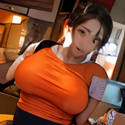 there is a woman standing in a restaurant with a backpack on her back, wearing an orange t shirt, wearing an orange t-shirt, sfw huge breasts, busty, sie boob, latinas, latina, close up half body shot, covered sfw huge breasts, big breasts!, karla ortiz, wearing tight shirt, big breasts!!, big bust, with large breasts