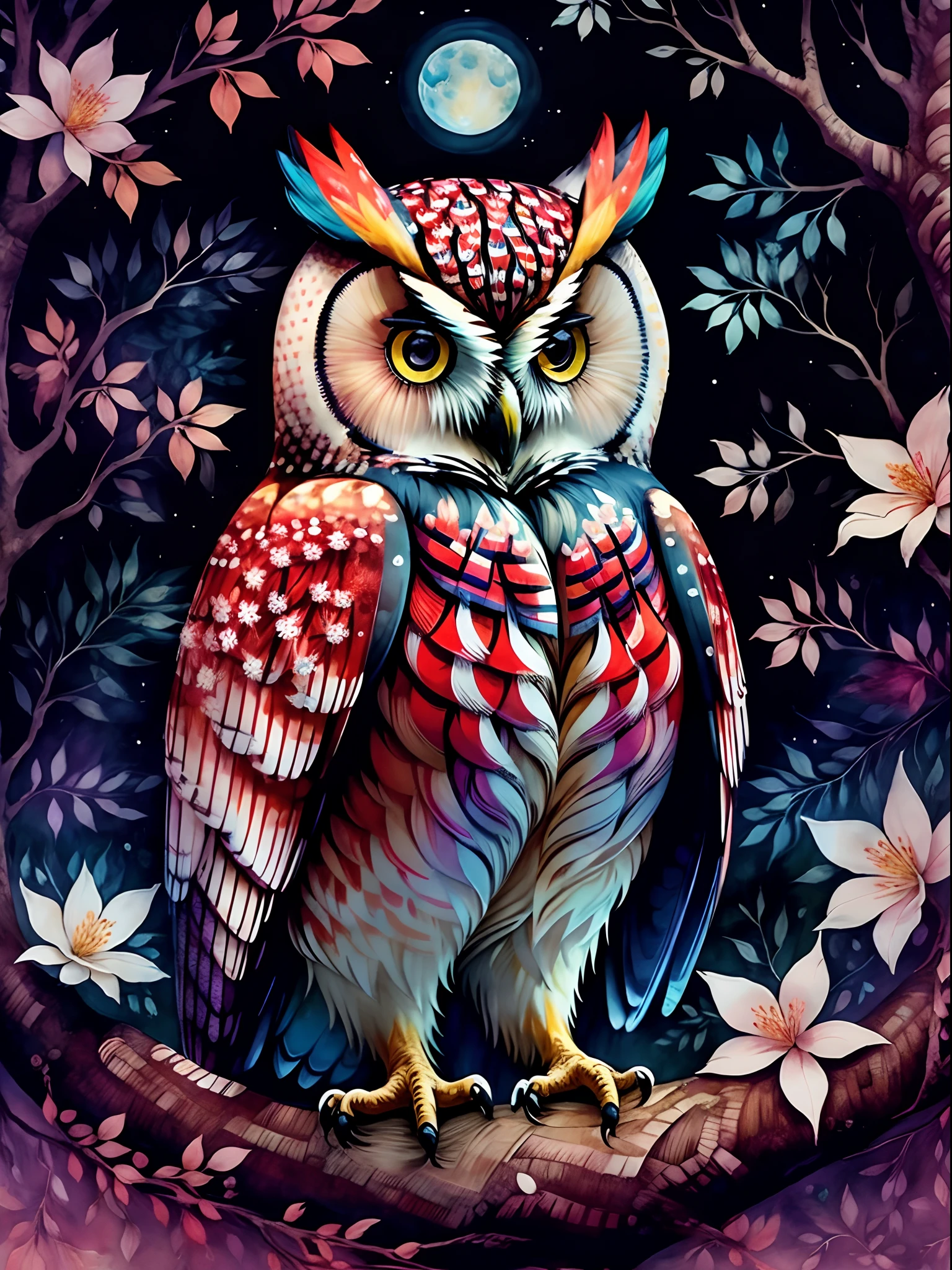 owl，moon full， the trees，foliage，flower  field， Alcohol ink and impala mixed painting， blasts，yang08k，big breasts beautiful，Colorful，tmasterpiece，top-quality，best qualityer，offcial art，Beautiful and beautiful