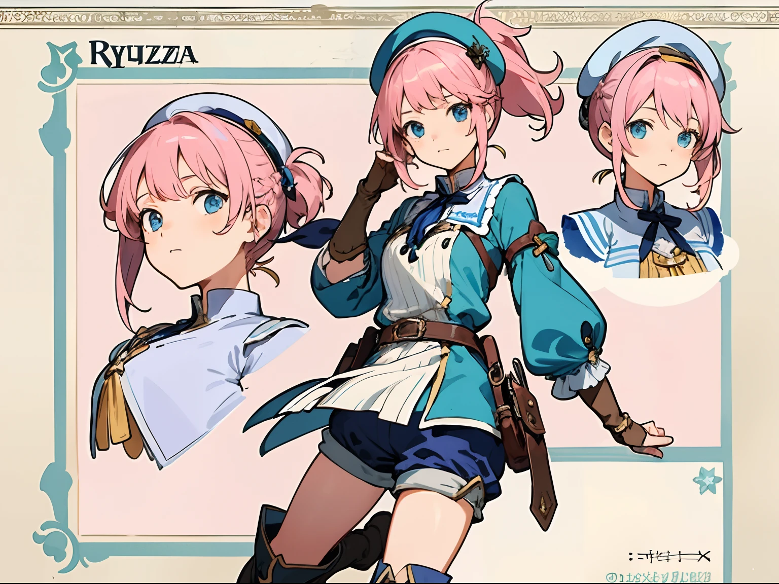 (Masterpiece, best quality) detailed, character sheet, same character, 1 girl, ryza, atelier, alchemist, beret, short pants, over knee boots, right hand glove,ment colour hair, ponytail, curly hair,pink hair, blue eyes