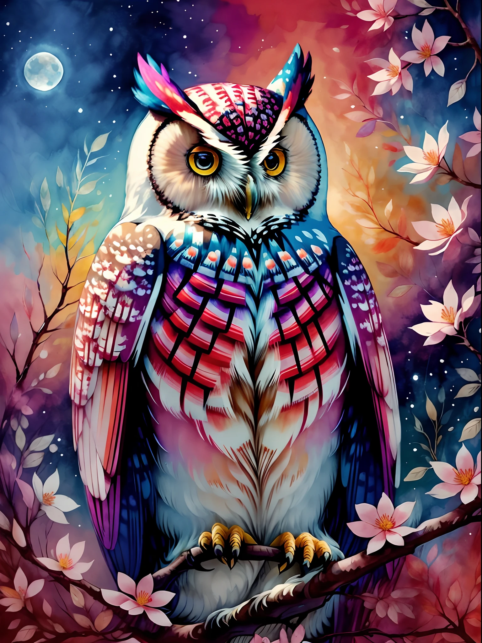 owl，moon full， the trees，foliage，flower  field， Alcohol ink and impala mixed painting， blasts，yang08k，big breasts beautiful，Colorful，tmasterpiece，top-quality，best qualityer，offcial art，Beautiful and beautiful，Bright colors，Global illumination，Bright tones，high saturated