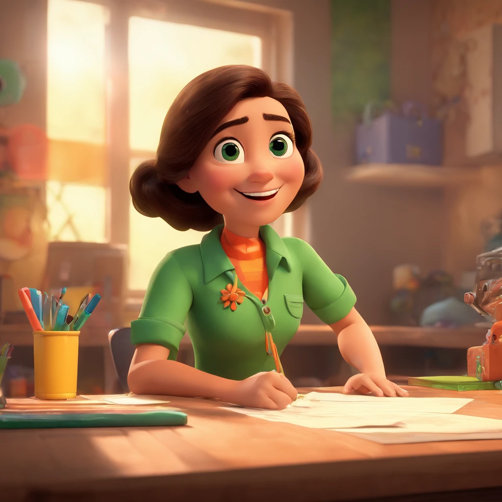 Create a Disney Pixar-inspired poster with the character being a brown-eyed brunette 40-year-old woman wearing a green blouse and pants, the scene will be in Pixar's distinctive digital art style of a psychology office, Focus on character expressions, Vibrant colors and detailed textures present your animations, Quero a cena dos principais filmes do PIXar