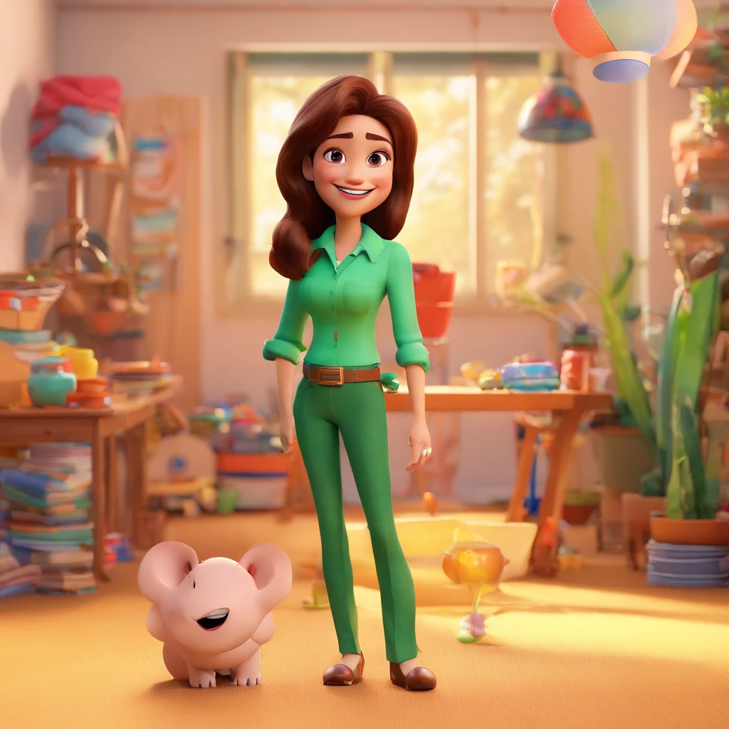 Create a Disney Pixar-inspired poster with the character being a brown-eyed brunette 40-year-old woman wearing a green blouse and pants, the scene will be in Pixar's distinctive digital art style of a psychology office, Focus on character expressions, Vibrant colors and detailed textures present your animations, Quero a cena dos principais filmes do PIXar