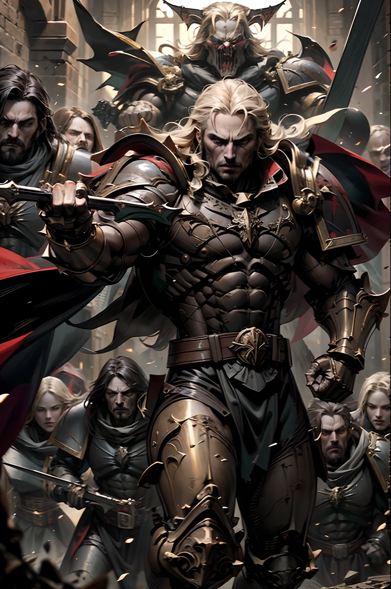 Castlevania lord of the shadows hyper realistic super detailed Dynamic shot master piece of lord Dracula leading troops army of spartan demons to battle sharp détails