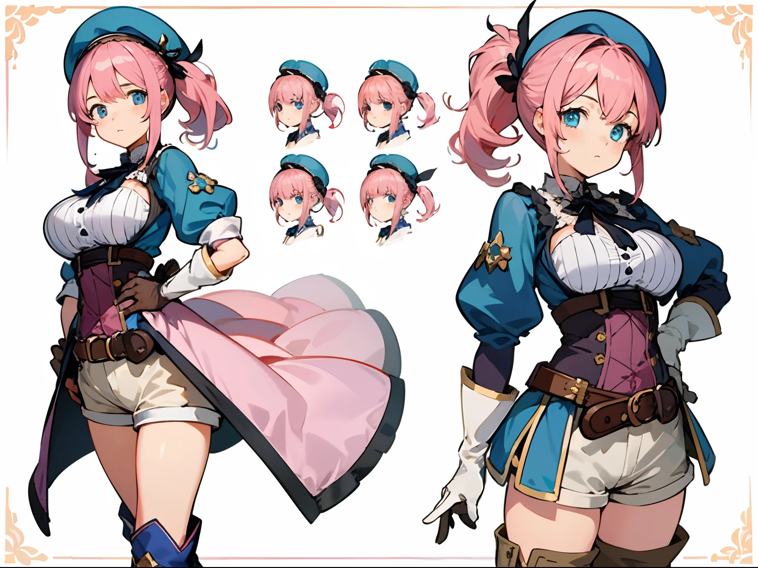 (Masterpiece, best quality) detailed, character sheet, same character, 1 girl, ryza, atelier, alchemist, beret, short pants, over knee boots, right hand glove,ment colour hair, ponytail, curly hair,pink hair, blue eyes big breasts,