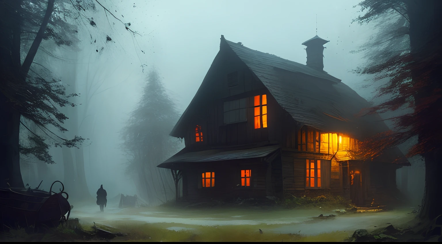 old house in the woods, stefan koidl inspired, bussiere rutkowski andreas rocha, by maxim verehin, inspired by maxim verehin, inspired by Tomasz Jedruszek, dark cinematic concept art, eerie nostalgic concept art, inspired by Igor Kieryluk, inspired by Ismail Inceoglu