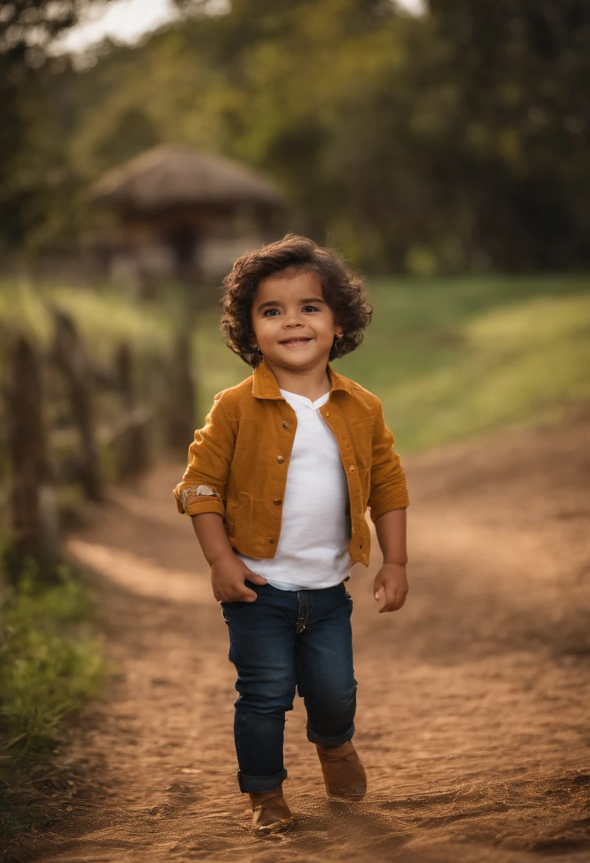 : Miguel, aproximadamente 5 anos de idade, cabelo curto estilo Disney, olhos castanhos e sorrisos. garota: Giovana, 2 anos, longos cabelos pretos e olhos azuis. scenecy: Miguel and Giovana are in a cozy little house in the valley, ao fundo um dia ensolarado, Destacando o Sol.