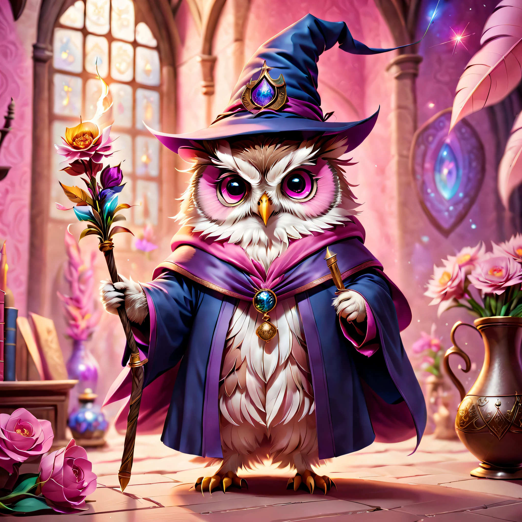 A mysterious owl at Hogwarts School of Witchcraft and Wizardry,Wearing a mage's robes,Wearing a pointed hat,Teaching with a wand,Full of magic and aura,Chubby cute,pink back ground,fresh flowers,vases,dream magical,Open-mouthed,ssmile,Furry art,elokitty,Disney's Owl,disney stylized furry,Ear floating,Fluffy feathers,Fluffy,themoon