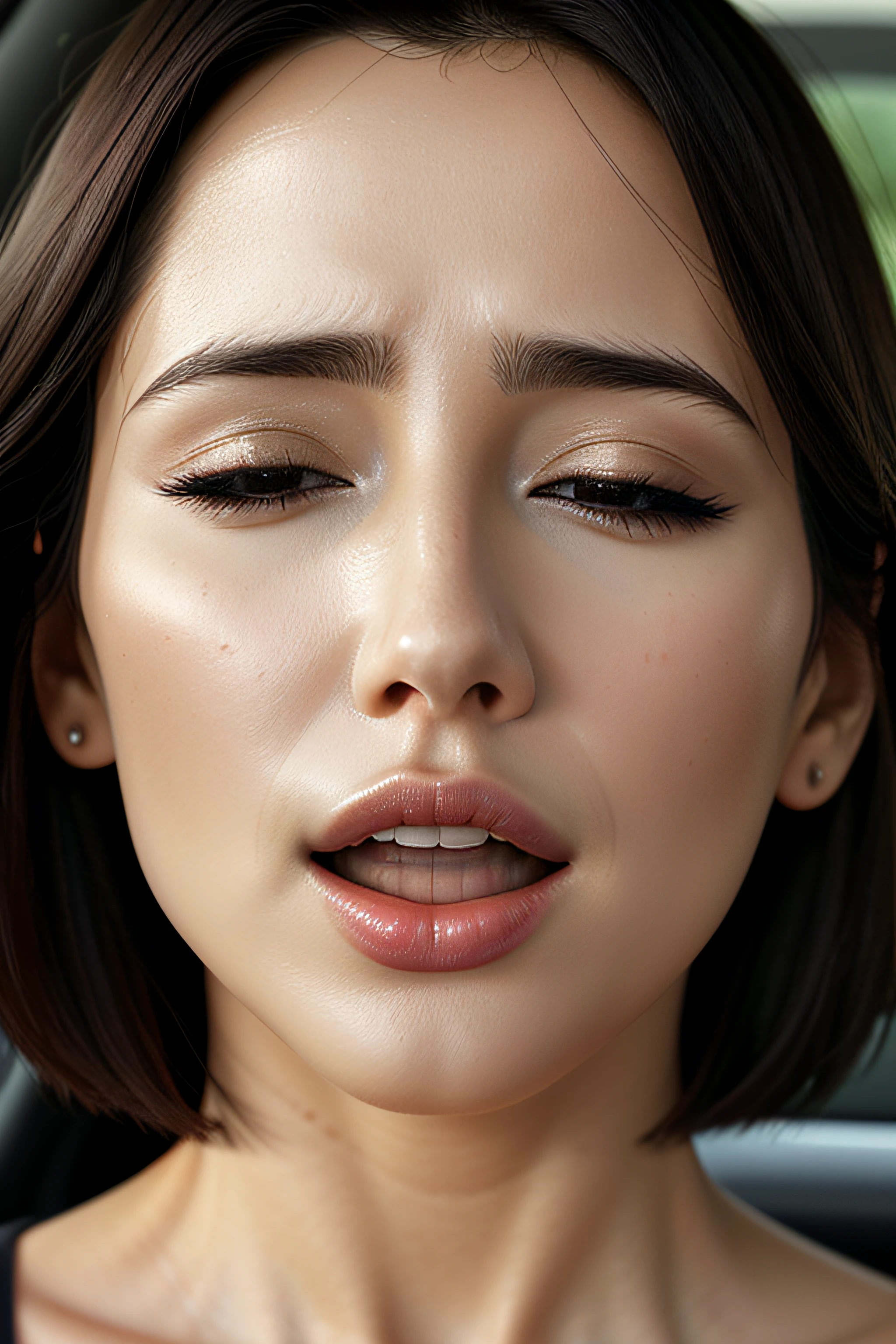 masutepiece,,award - winning photo, Extremely detailed, edgOrgasm,Face Focus, (Woman with mouth open and eyes closed ), 18year old、A dark-haired、CNN News Anchor、Glossy skin、inside of a car、Close-up of face,frombelow、Realistic nostrils、NSFW,short cut hair、