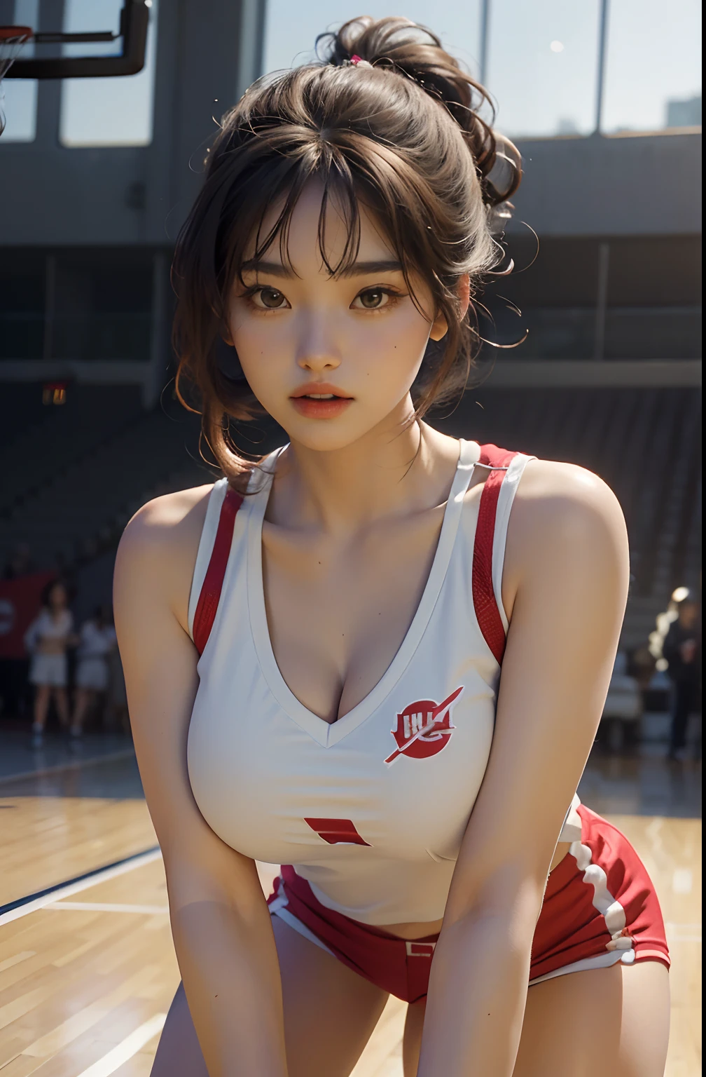 (RAW photo, 4k, masterpiece, high resolution, extremely complex) (realistic: 1.4), cinematic lighting Delicate girl with facial features
1 Girl, Single Focus, Summer Noon, Hot, 1990s\(Style\), Skin White, ((Big Breast, Cleavage)), Bikini, ((Sexy)), (Best Quality), (Highres), (An Extremely Delicate and Beautiful),,(Beautiful 8k face), (Brown Eyes), (ulzzang-6500:1.0),(solo),(looking side),(spectators),((large breasts)),((NBA)),(side),((Play basketball)),((gymnasium)),((speed)),(reality),