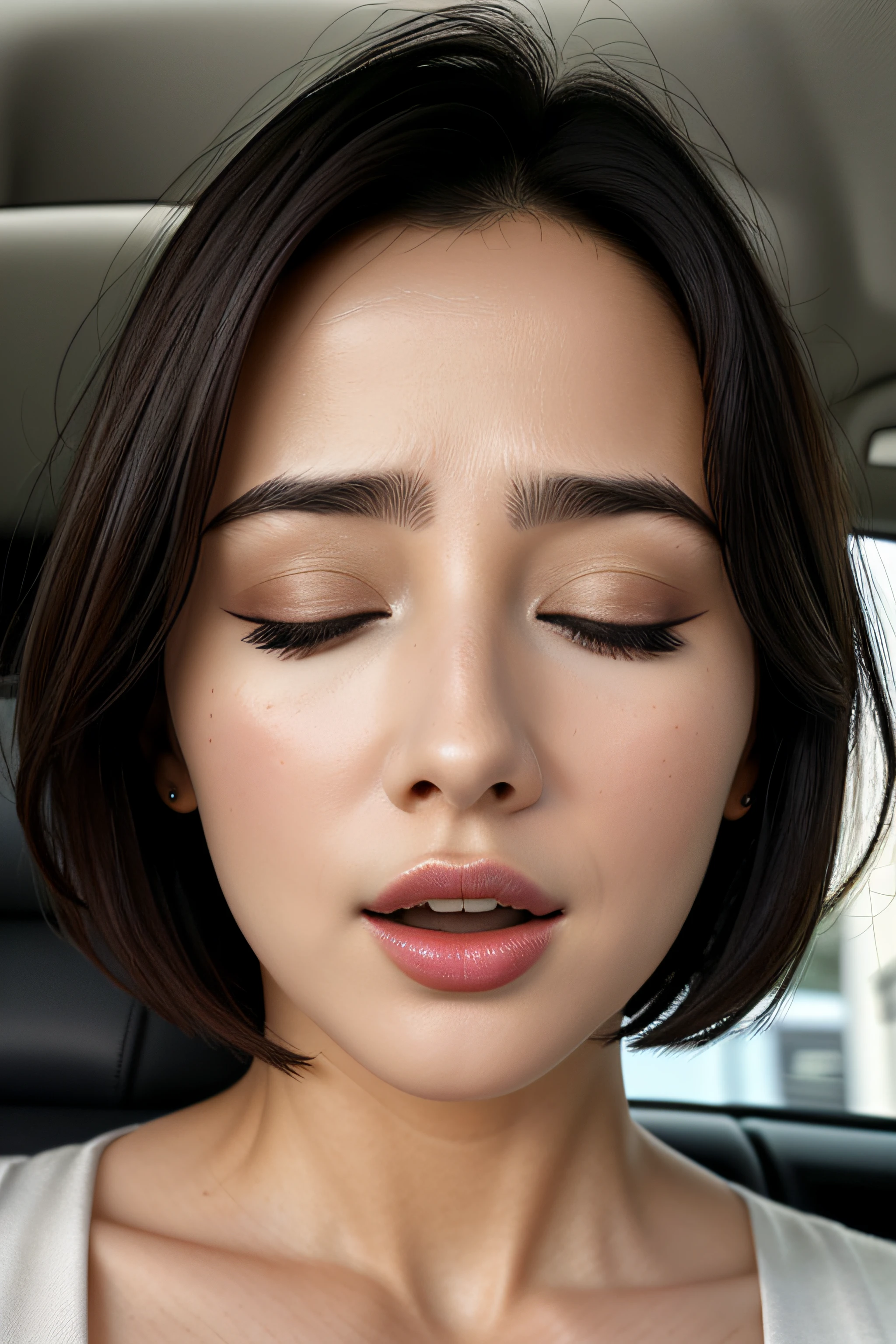 masutepiece,,award - winning photo, Extremely detailed, edgOrgasm,Face Focus, (Woman with mouth open and eyes closed ), 18year old、A dark-haired、CNN News Anchor、Glossy skin、inside of a car、Close-up of face,frombelow、Realistic nostrils、NSFW,short cut hair、