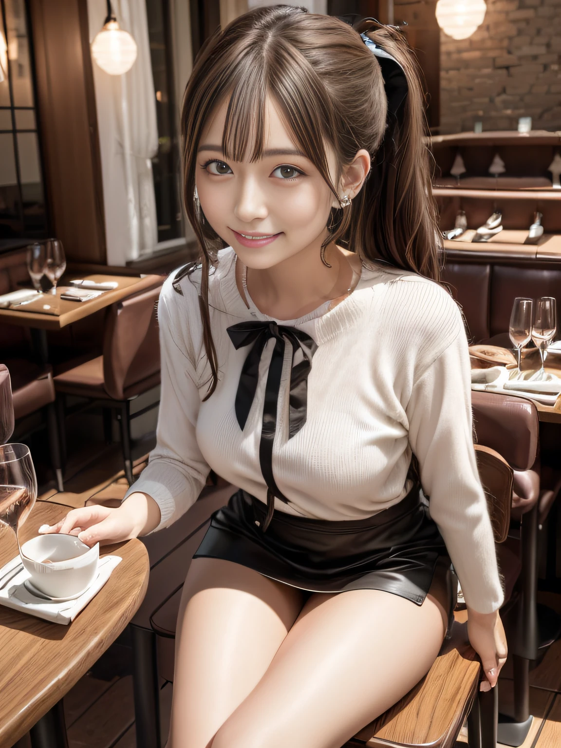 (Top image quality,4K,8K,Hi-Res,masuter piece:1.2),Ultra-fine,(realisitic,photoRealstic,Photorealsitic:1.37),portlate,illustratio,Clear background,Hair details,Face Details,Eyes in detail,A smile,Beautiful facial features,cute little、poneyTail,Brown hair,blue eyess,Large ribbon,Vibrant colors,Soft lighting, Tight mini skirt、Dine at a restaurant、sit a chair、