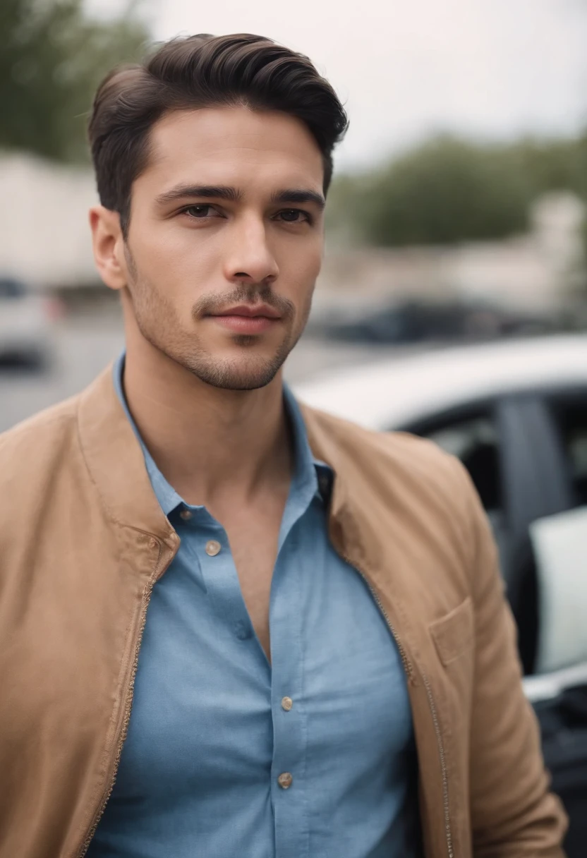 Portrait of handsome man 30 years oval face realistic appearance、Camisa branca e jaqueta com gola hispanic, in a blue shirt sitting in a car, a picture by Ric Estrada, reddit, tachisme, andres rios, headshot profile picture, professional profile picture