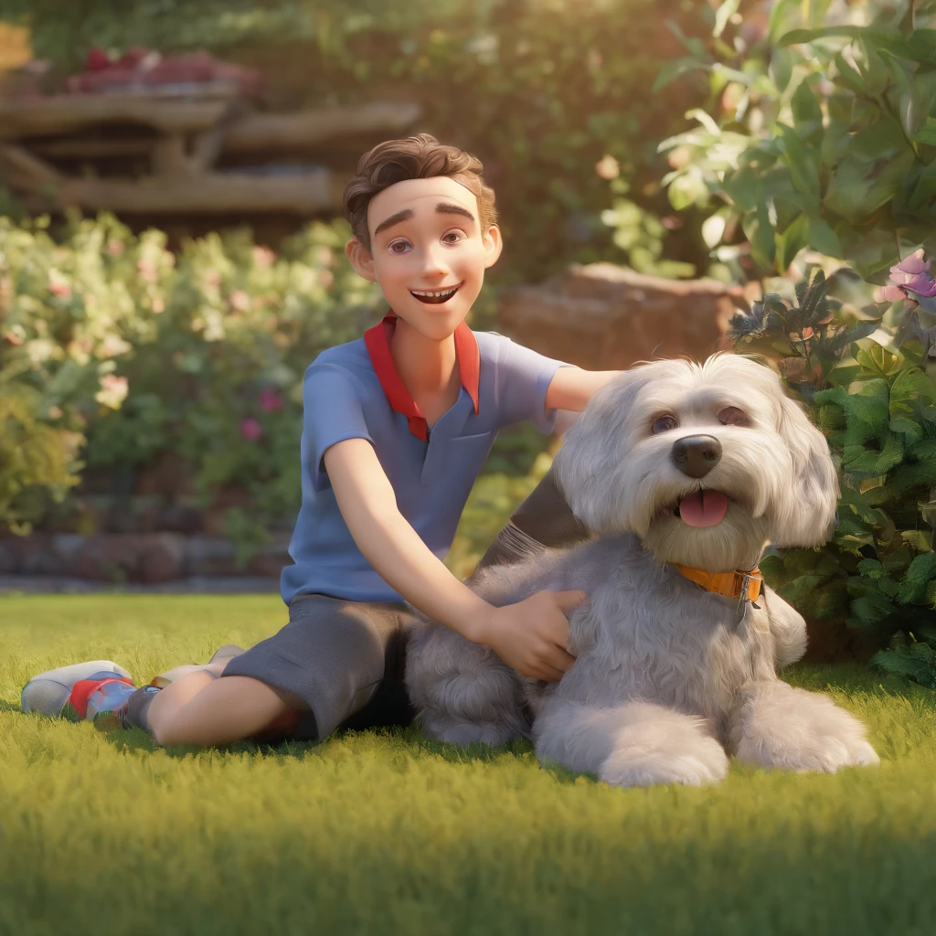 Lucas is a smiling 15-year-old human boy, And your loyal friends, bolts, Schnauzers, Lying in the garden