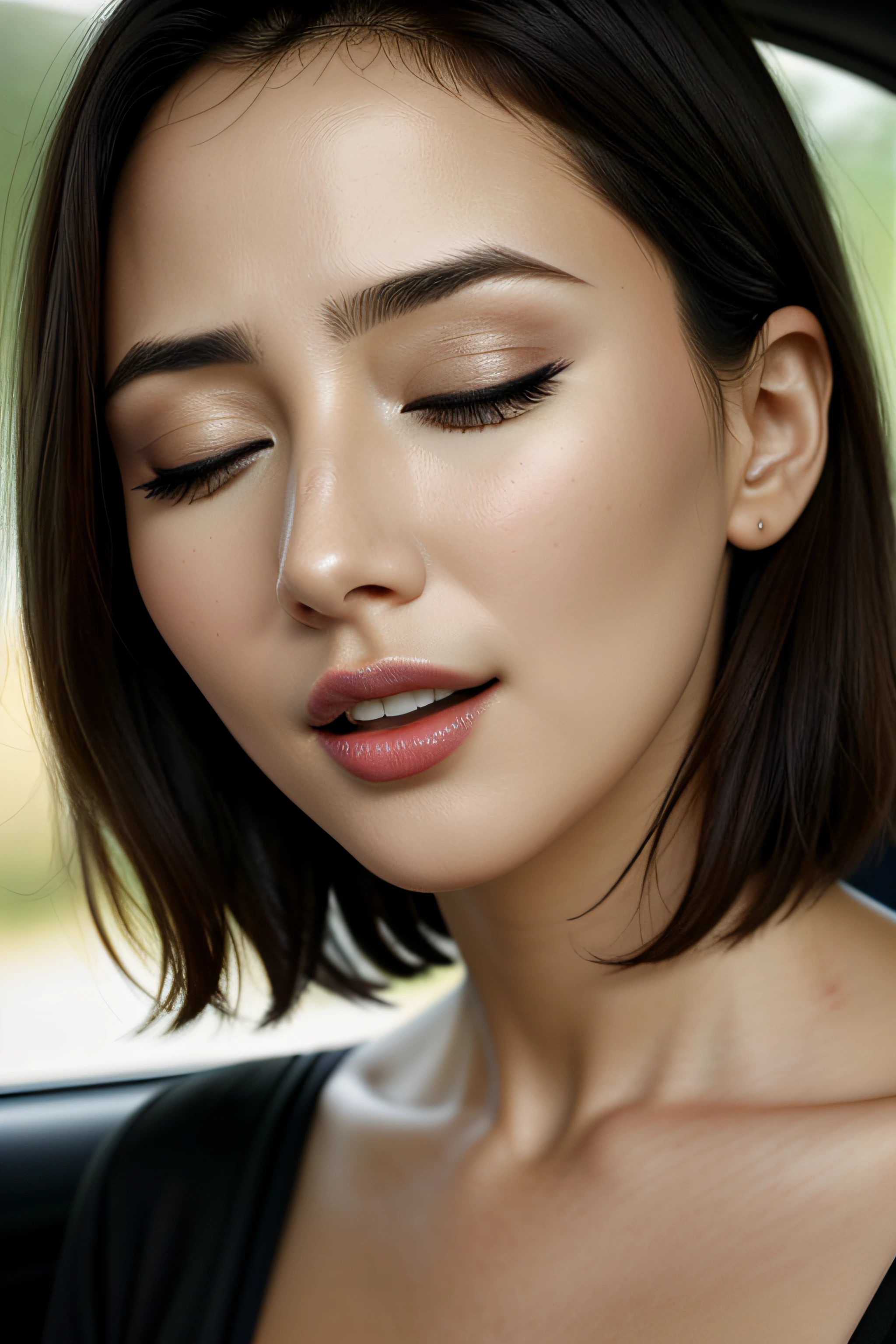 masutepiece,,award - winning photo, Extremely detailed, edgOrgasm,Face Focus, (Woman with mouth open and eyes closed ), 18year old、A dark-haired、CNN News Anchor、Glossy skin、inside of a car、Close-up of face,frombelow、Realistic nostrils、NSFW,short cut hair、