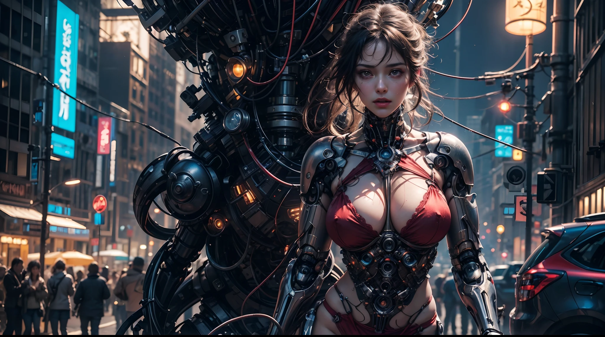 ((extremely delicate and beautiful cybernetic girl)), ((mechanical limbs)), ((detailed face and eyes)) (blood vessels connected to tubes), (mechanical vertebrae), ((mechanical cervical attaching to neck)), (wires and cables attaching to neck:1.2), ((mass of wires and cables on head)), (character focus), (((dynamic pose))), nipple breast on cloths, ((cowboy shot)), (masterpiece), (((best quality))), ((ultra-detailed)), (highly detailed photorealistic CG illustration), ((big tits)) cinematic lighting, science fiction, extremely detailed,colorful,highest detail, ((red silk panty, crotch exposed)), holding sniper, nsg, gun, cyberpunk city background.