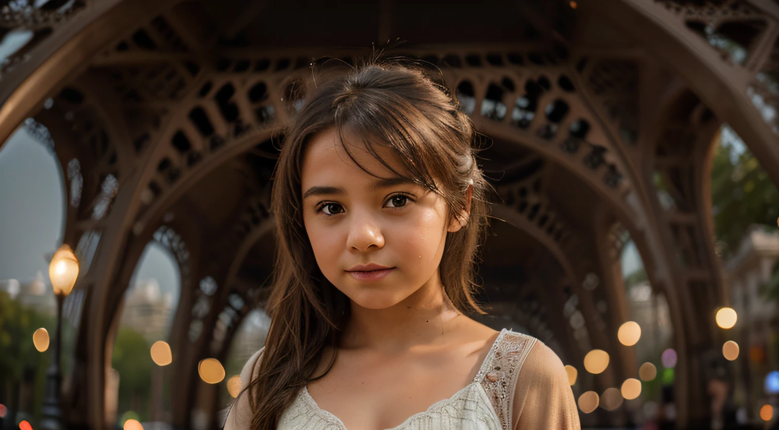 award winning landscape photo of a cute little Canadian girl standing in front of eiffel tower, bokeh (brown color in detail:1.1), telephoto, elegant atmosphere, realistic, intricate details, healthy skin, true skin tone