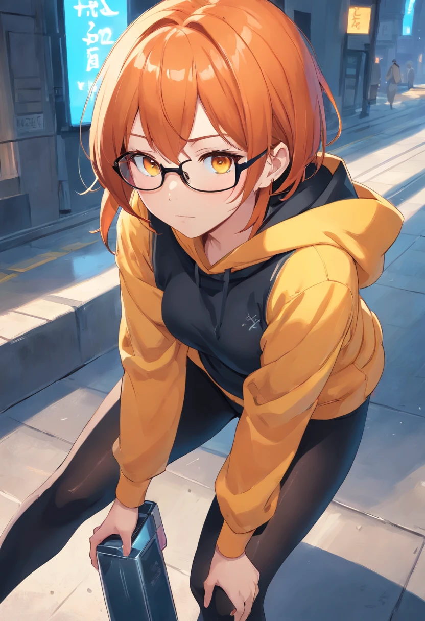 1 female、Orange hair、Colossal 、Huge ass、ting black full-body tights、yellow eyes、thick thighs、a short bob、wide hips、Thigh muscles、Strong thighs、Pill glasses