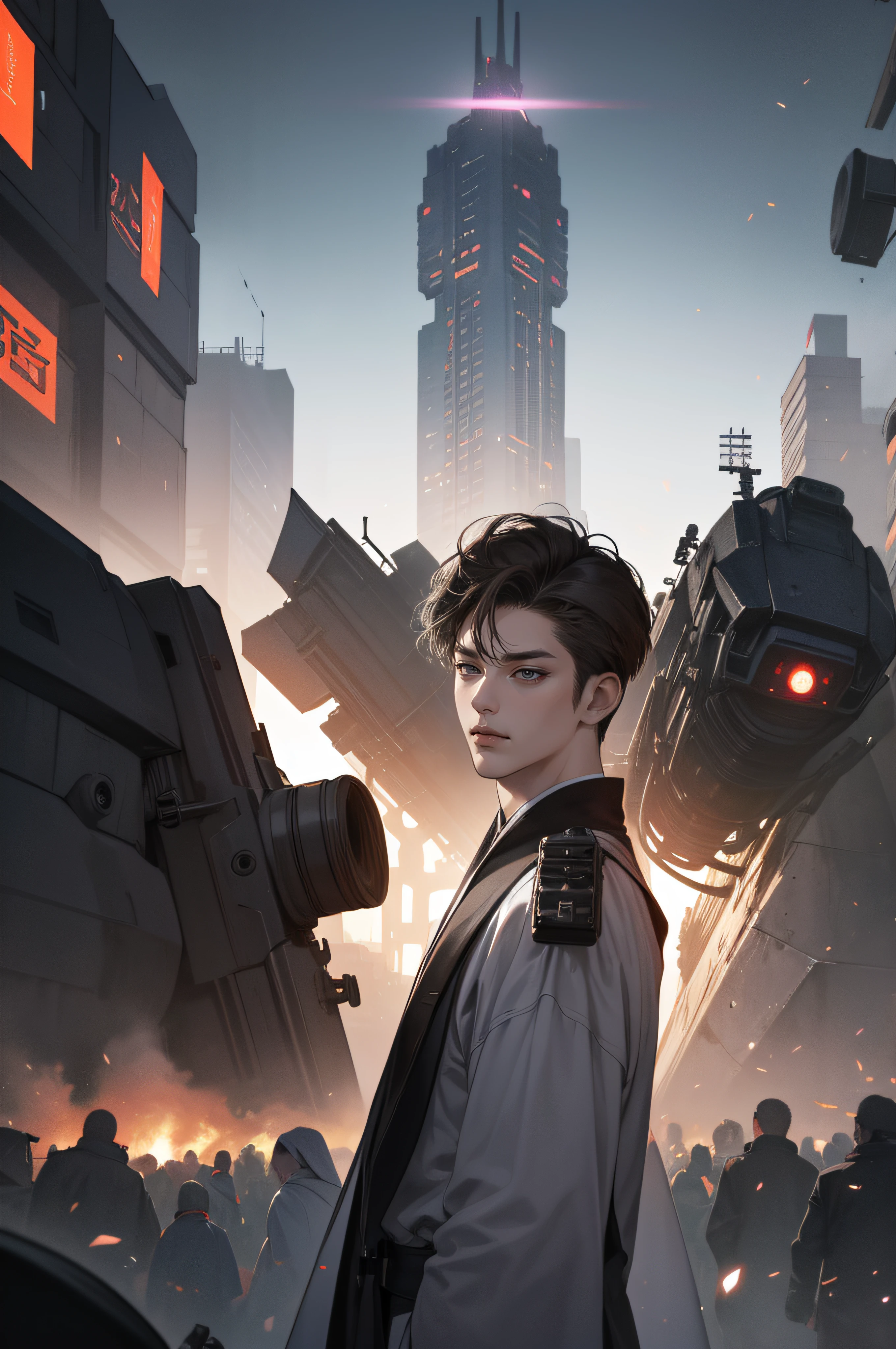 Faraway view，Panorama composition, Best quality, Realistic Chinese man, 1人, Mature male, Handsome oriental man, Serious look, Extremely detailed face, fake smile, ((dark gray eyes)), ((Right sweep short dark brown hair)), [Thick eyebrows], Future technology scenarios，a sense of atmosphere, In the cyberpunk scene, ((long white robe+Combat uniforms)), Cinematic lighting，sense of science and technology，Mechanical World，Faraway view，Depth of field，In the crowd，White dawn，Behind the cyberpunk sense of technology，Atmospheric spectacular scene，Lively scene，Downtown，The whole body of the character，Perfectcomposition，Asymmetrical composition，The lens zooms out，The figure is sideways on the lower right
