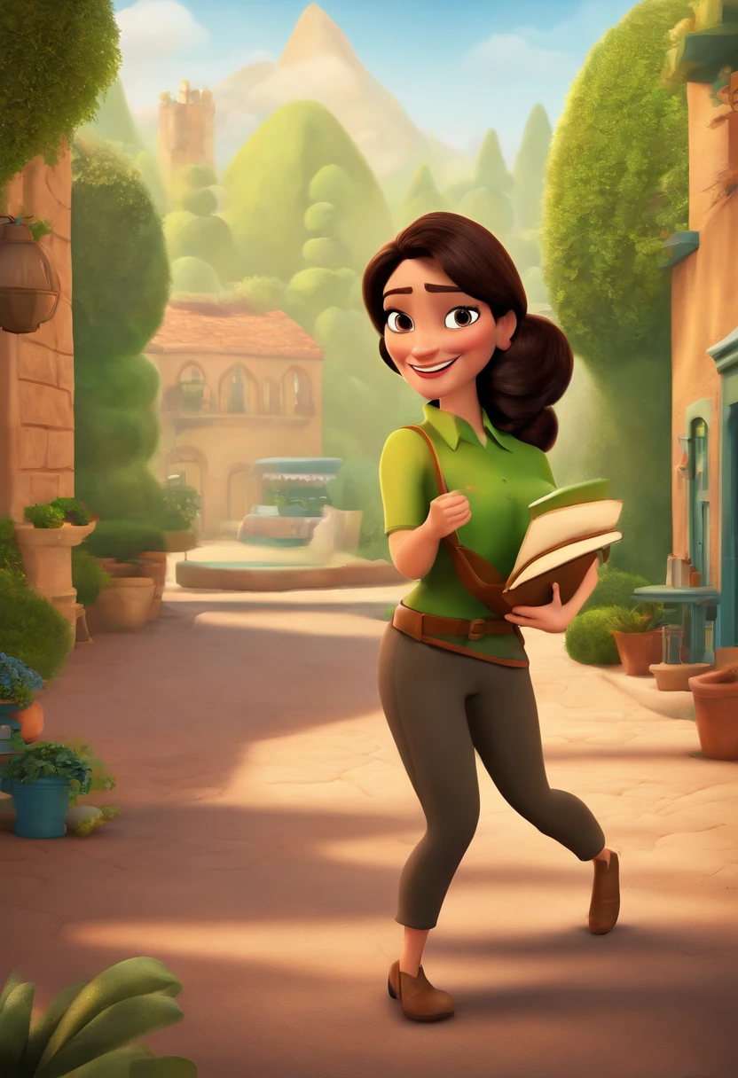 Create a Disney Pixar-inspired poster featuring the character being a brown-eyed brunette 40-year-old woman wearing a green blouse and black pants, the scene will be in Pixar's distinctive digital art style of a psychology office, Focus on character expressions, Vibrant colors and detailed textures present your animations, Quero a cena dos principais filmes do PIXar