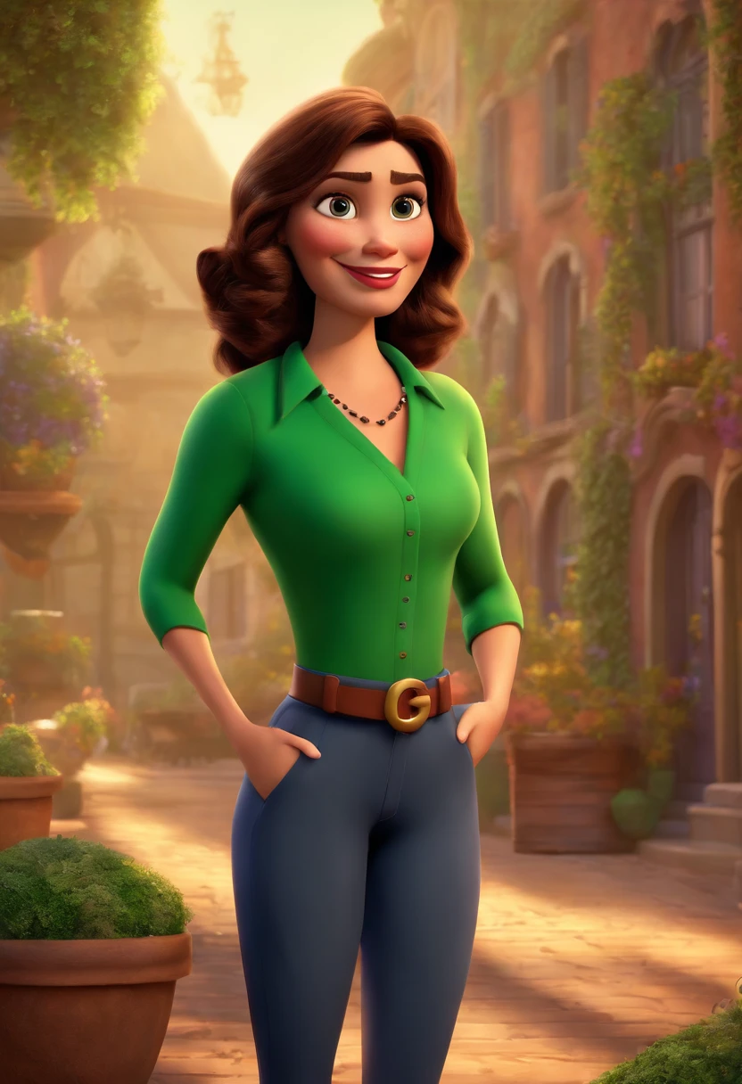 Create a Disney Pixar-inspired poster featuring the character being a brown-eyed brunette 40-year-old woman wearing a green blouse and black pants, the scene will be in Pixar's distinctive digital art style of a psychology office, Focus on character expressions, Vibrant colors and detailed textures present your animations, Quero a cena dos principais filmes do PIXar