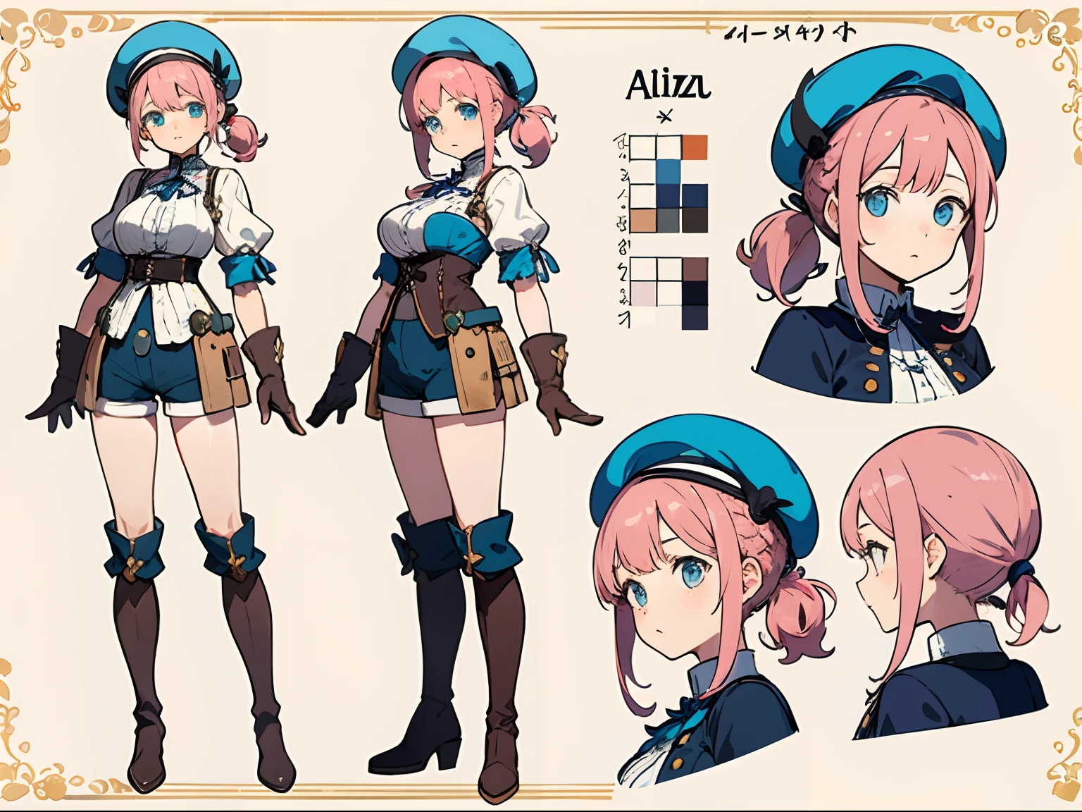 (Masterpiece, best quality) detailed, character sheet, same character, 1 girl, ryza, atelier, alchemist, beret, short pants, over knee boots, right hand glove,ment colour hair, ponytail, curly hair,pink hair, blue eyes big breasts,