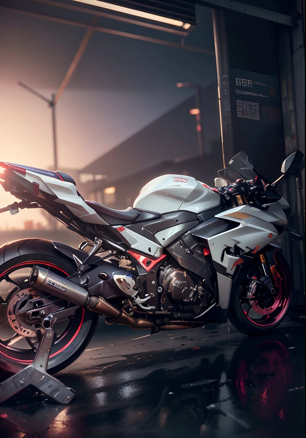((Cyberpunk)).there is a motorcycle parked in a garage with a red tape, front side full, yoshimura exhaust, captured with sony a3 camera, taken with sony a7r camera, side front view, motorcycle, front side, samurai vinyl wrap, f 3 2, f32, front side views full, rear shot, front side view, motorbike, front profile, background, bokeh