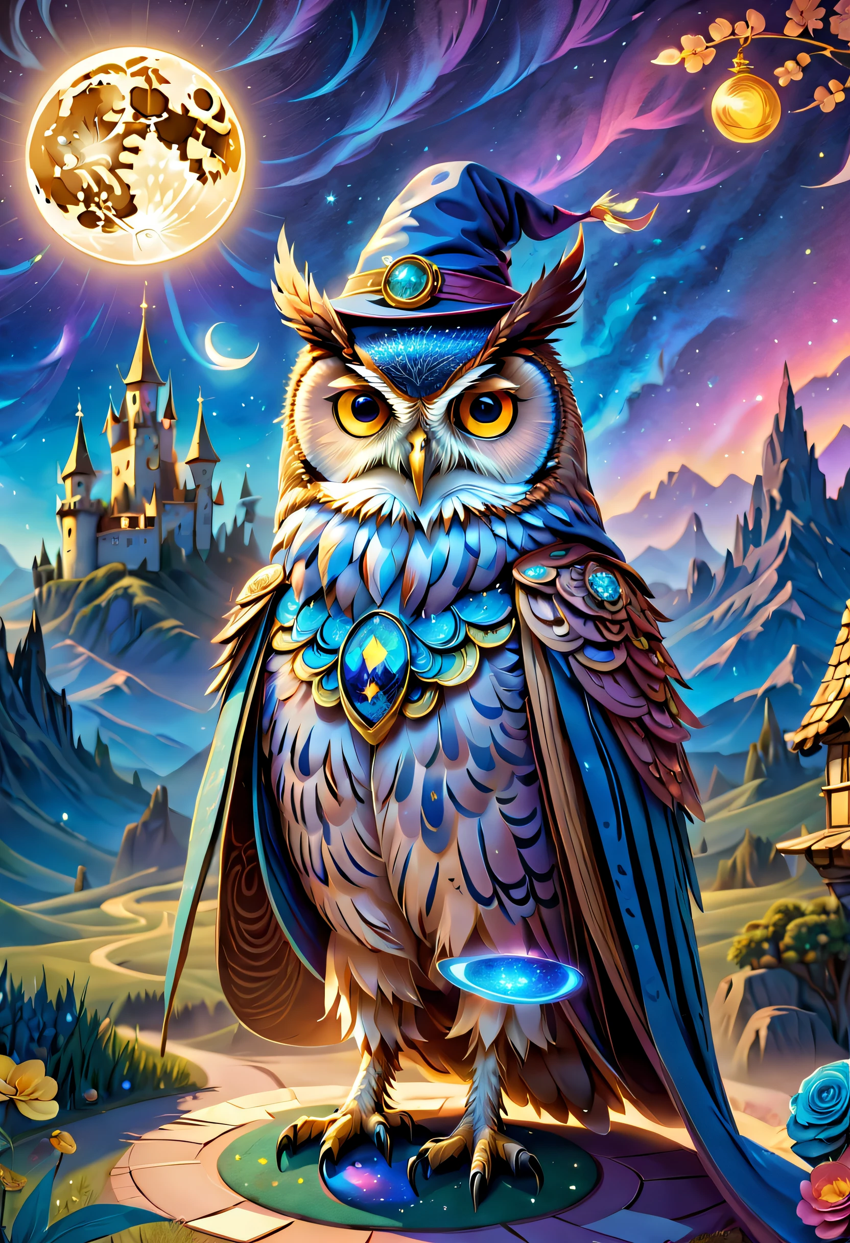 （tarot cards：1.5，rotary symmetrical），(tmasterpiece),（ultra - detailed：1.3），best qualtiy，（glittery:1.2），（dreamworld:1.4），((Van Gogh style owl)),（The moon is empty），A mysterious owl，Wearing a mage's robes，Wear a pointed hat，Teach with a wand，the night，Skysky，moon full，NOhumans，Fantastic magic style, and other decorations, Fantasy world, In cute cartoon design style, pop mart, Clay material，vibrant with colors，brightly，1.4x realism，hyper HD，It is displayed in this beautiful scene，（The is very detailed，reasonable design，Clear lines，High- sharpness，tmasterpiece，offcial art，movie light effect，8K）