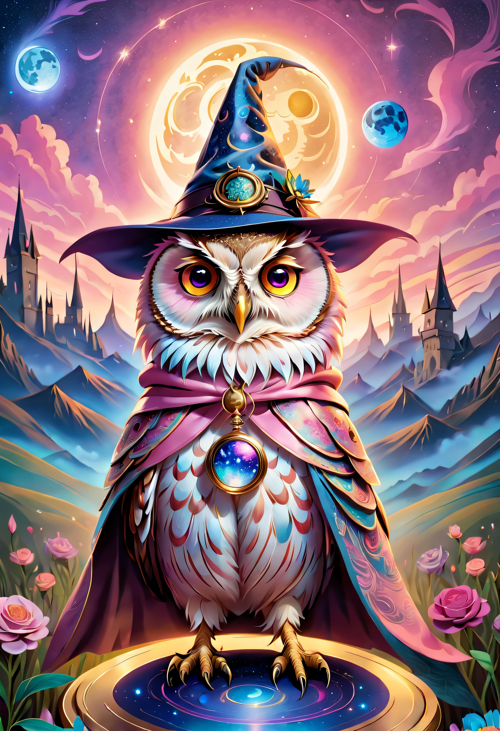 (tarot cards:1.5,rotary symmetrical,at centre),(tmasterpiece),(ultra - detailed:1.3),best qualtiy,(glittery:1.2),(dreamworld:1.4),((Van Gogh style owl)),(The moon is empty),A mysterious owl from Hogwarts School of Witchcraft and Wizardry,Wearing a mage's robes,Wear a pointed hat,Teach with a wand,Full of magic and aura,Chubby cute,pink back ground,fresh flowers,vases,dream magical,Open-mouthed,ssmile,the night,Skysky,moon full,NOhumans,Fantastic magic style, and other decorations, Fantasy world, In cute cartoon design style, pop mart, vibrant with colors,brightly,1.4x realism,hyper HD,It is displayed in this beautiful scene,(The is very detailed,reasonable design,Clear lines,High- sharpness,tmasterpiece,offcial art,Global illumination effect,8K)