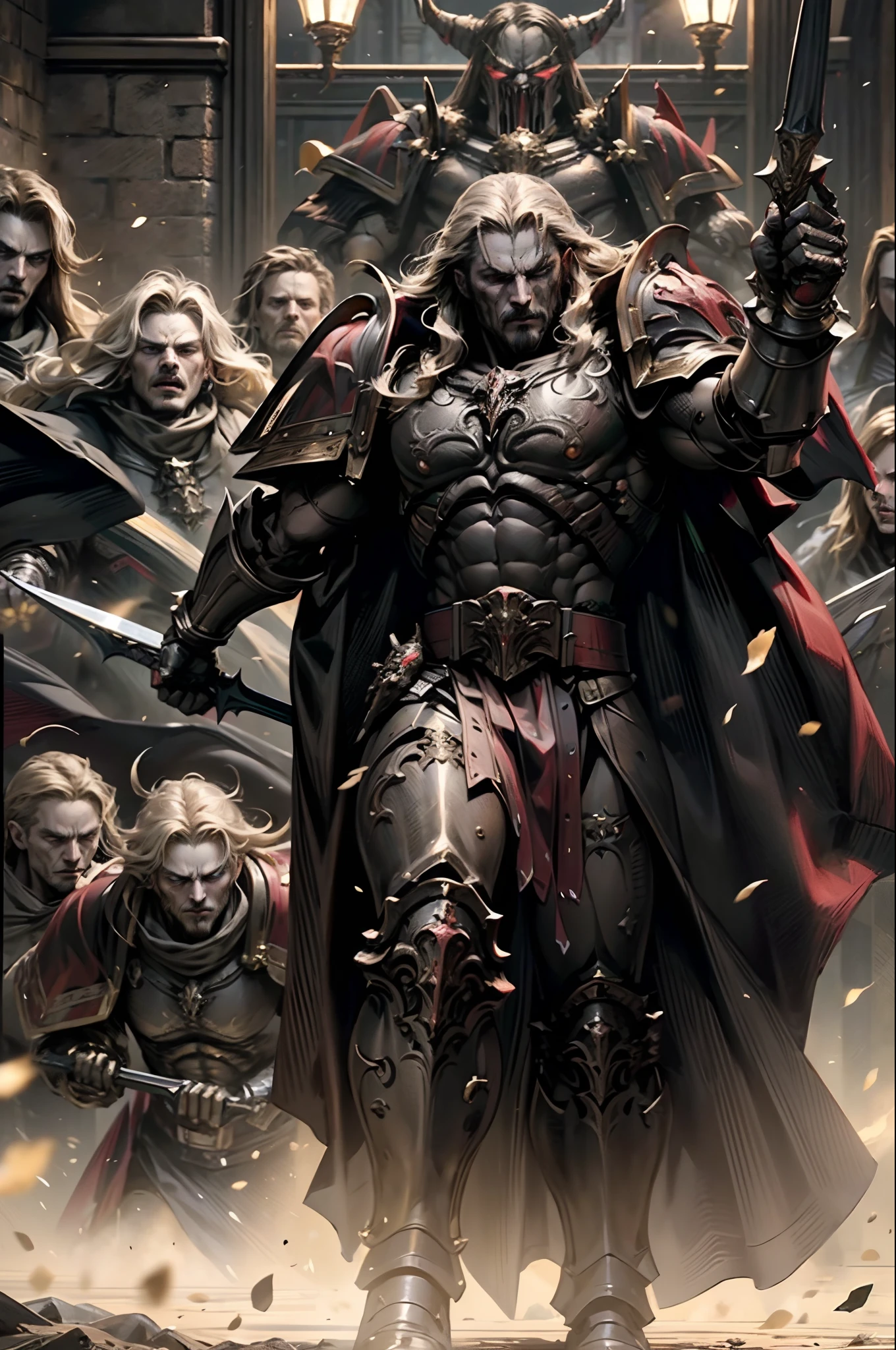 Castlevania lord of the shadows hyper realistic super detailed Dynamic shot master piece of lord Dracula leading troops army of spartan demons to battle sharp détails