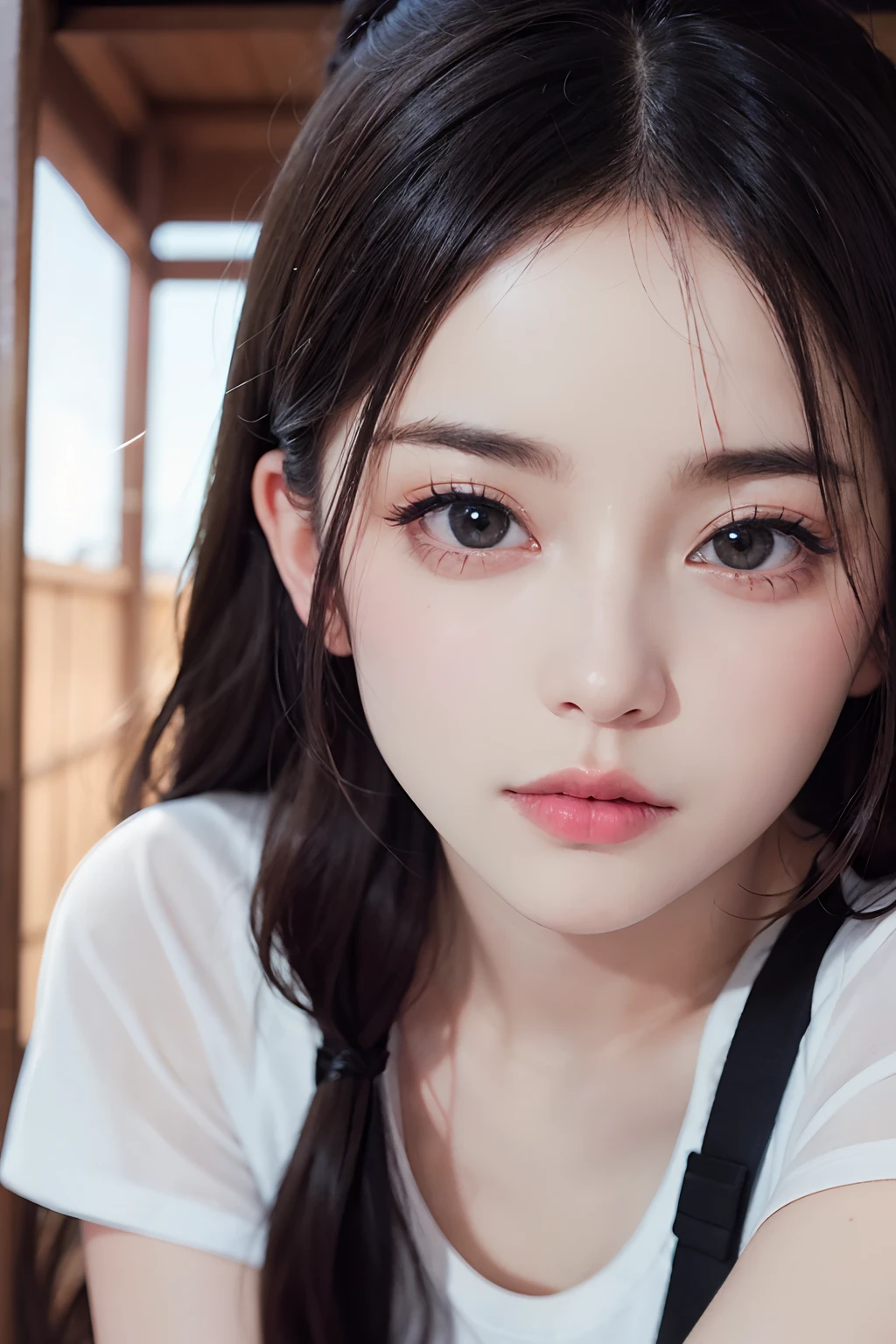 (8k, RAW photos, highest quality, high resolution:1.1), (hyperrealistic:1.4),(realistic, photorealistic:1.3), soft light,realistic face,realistic body,realistic skin,absurdity,masterpiece,(cute:1.8),(slouch:1.8),(from top:1.2),(close-up:1.4),crawling on all fours,POV,( Detailed White Loose T-Shirt:1.2),(Beautiful Nipple Slip:0.9),(Long Hair,Ponytail),(Big:1.2),Cleavage,Detailed Black Eyes,Innocent Eyes,Drooping Eyes,Teary Eyes,Open Lips,Blush,Good Style,Cinema Light,Film Grain,Close Up,Look Viewer,Full Body,Depth of Field, Blurred Background,Eye Focus,Young,85mm Lens, F/ 1.4,Professional Lighting,Portrait,Photon Mapping,Radiosity,Physically Based Rendering,Transparency,Japan Girl,Day,Sunny,Outdoor
