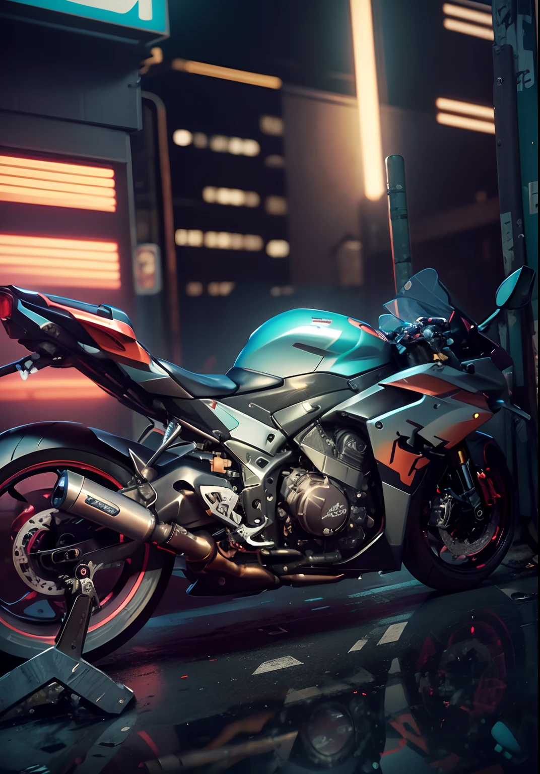 ((Cyberpunk)).there is a motorcycle parked in a garage with a red tape, front side full, yoshimura exhaust, captured with sony a3 camera, taken with sony a7r camera, side front view, motorcycle, front side, samurai vinyl wrap, f 3 2, f32, front side views full, rear shot, front side view, motorbike, front profile, background, bokeh