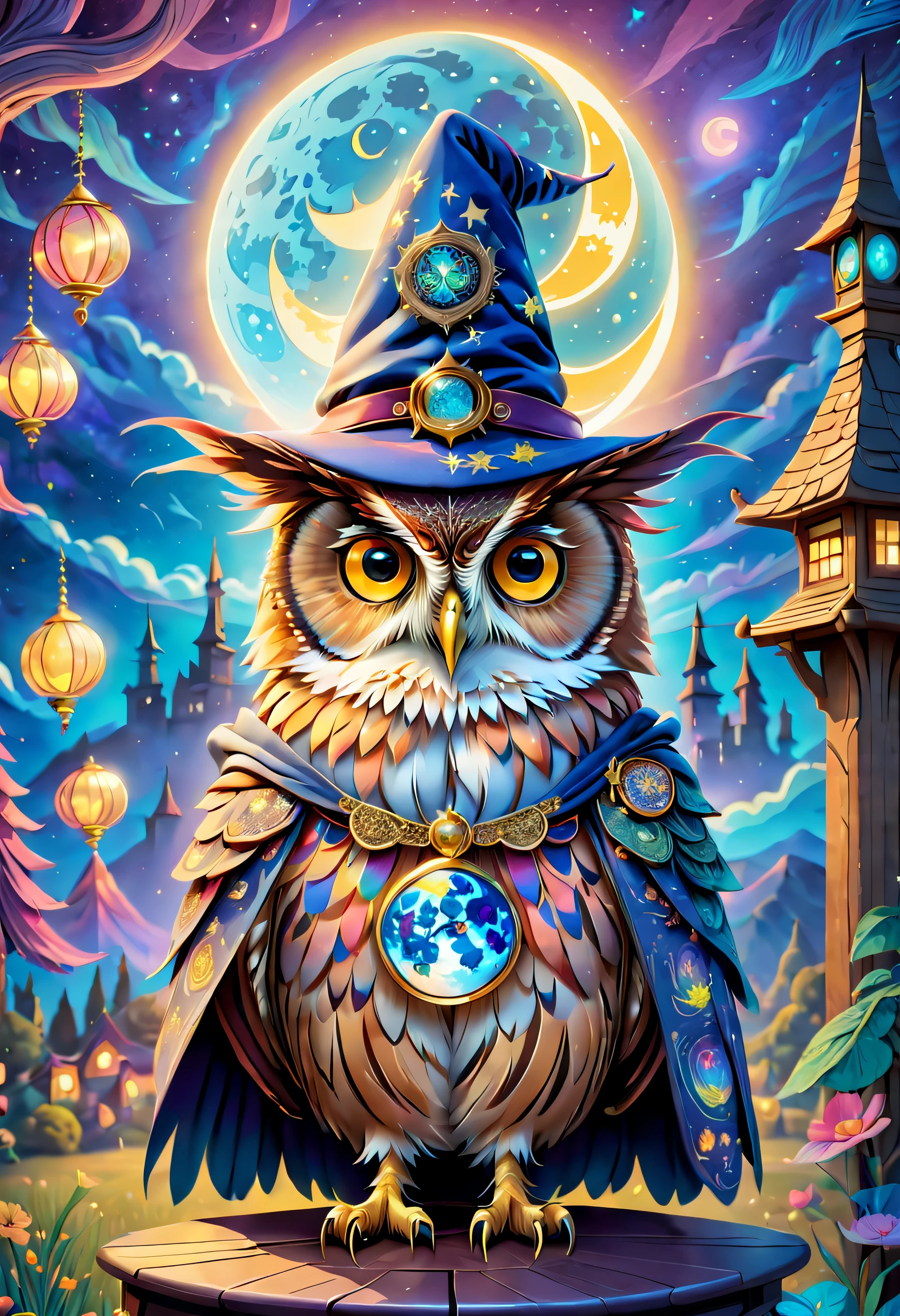 （tarot cards：1.5，rotary symmetrical），(tmasterpiece),（ultra - detailed：1.3），best qualtiy，（glittery:1.2），（dreamworld:1.4），((Van Gogh style owl)),（The moon is empty），A mysterious owl，Wearing a mage's robes，Wear a pointed hat，Teach with a wand，the night，Skysky，moon full，NOhumans，Fantastic magic style, and other decorations, Fantasy world, In cute cartoon design style, pop mart, vibrant with colors，brightly，1.4x realism，hyper HD，It is displayed in this beautiful scene，（The is very detailed，reasonable design，Clear lines，High- sharpness，tmasterpiece，offcial art，movie light effect，8K）