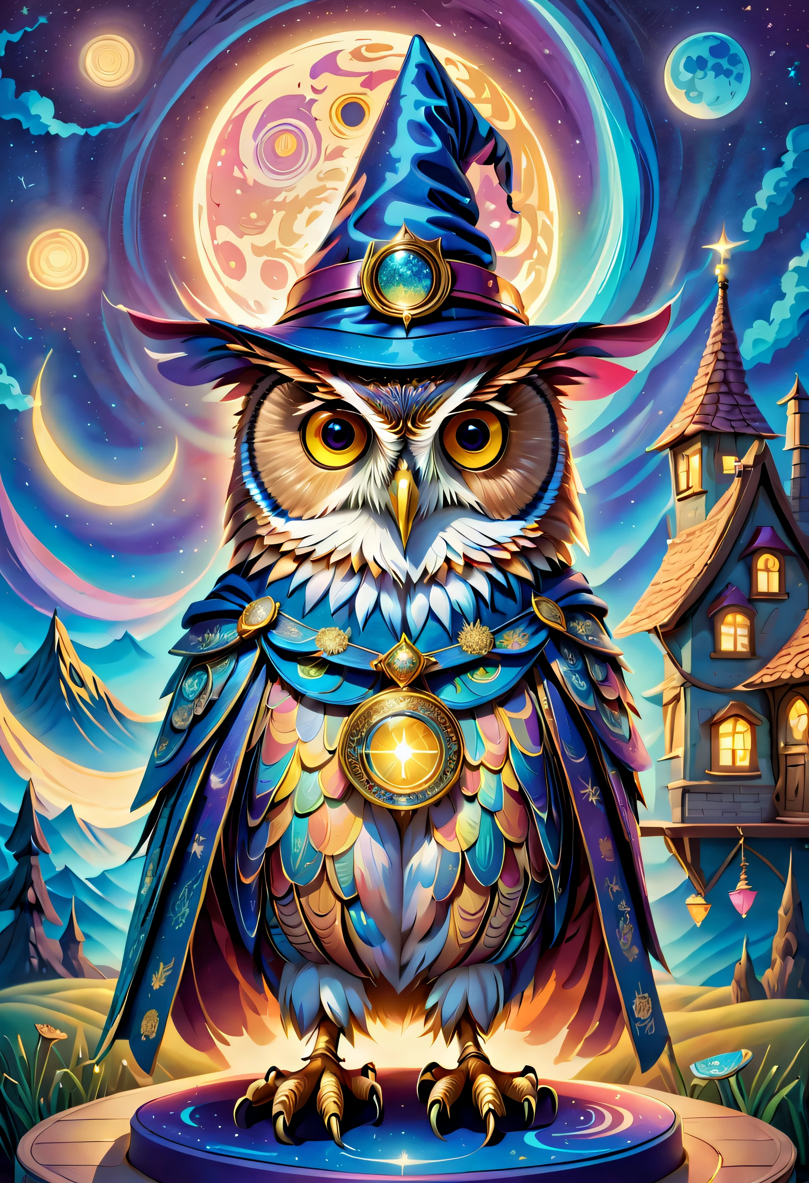 (tarot cards:1.5,rotary symmetrical),(tmasterpiece),(ultra - detailed:1.3),best qualtiy,(glittery:1.2),(dreamworld:1.4),((Van Gogh style owl)),(The moon is empty),A mysterious owl,Wearing a mage's robes,Wear a pointed hat,Teach with a wand,the night,Skysky,moon full,NOhumans,Fantastic magic style, and other decorations, Fantasy world, In cute cartoon design style, pop mart, vibrant with colors,brightly,1.4x realism,hyper HD,It is displayed in this beautiful scene,(The is very detailed,reasonable design,Clear lines,High- sharpness,tmasterpiece,offcial art,movie light effect,8K)