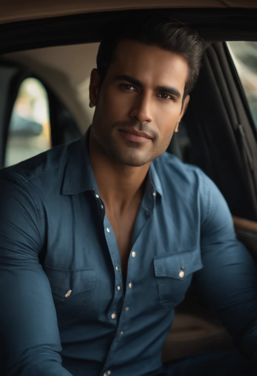 Portrait of handsome man 30 years oval face realistic appearance、Camisa branca e jaqueta com gola hispanic, in a blue shirt sitting in a car, a picture by Ric Estrada, reddit, tachisme, andres rios, headshot profile picture, professional profile picture, Like the first picture one...real face image no beauty