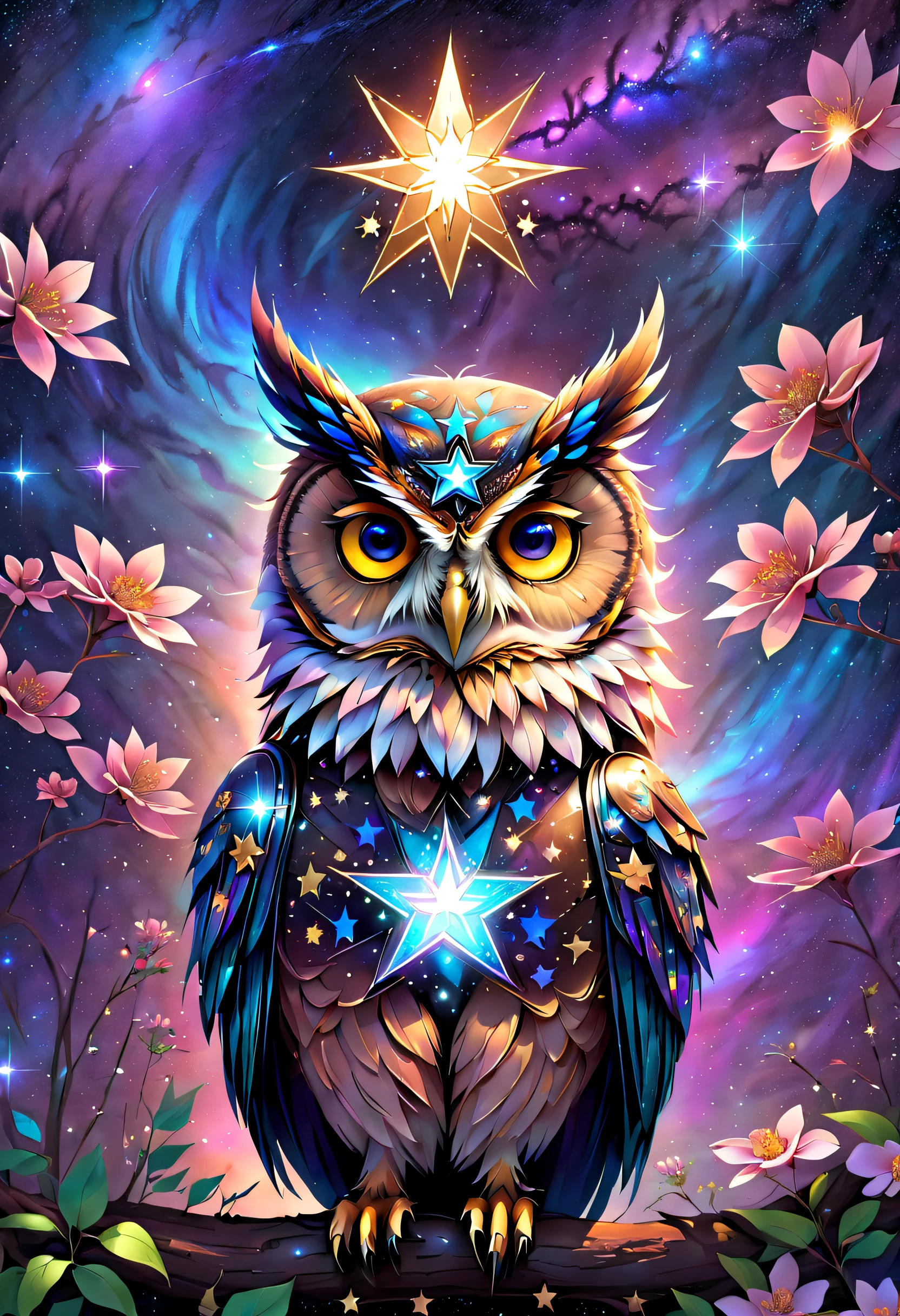 DreamlikeArt, milky ways, cosmic space, Starcloud, Star, [cyber punk perssonage] Owl from the stars (Star:1.5), blossoms，foliage