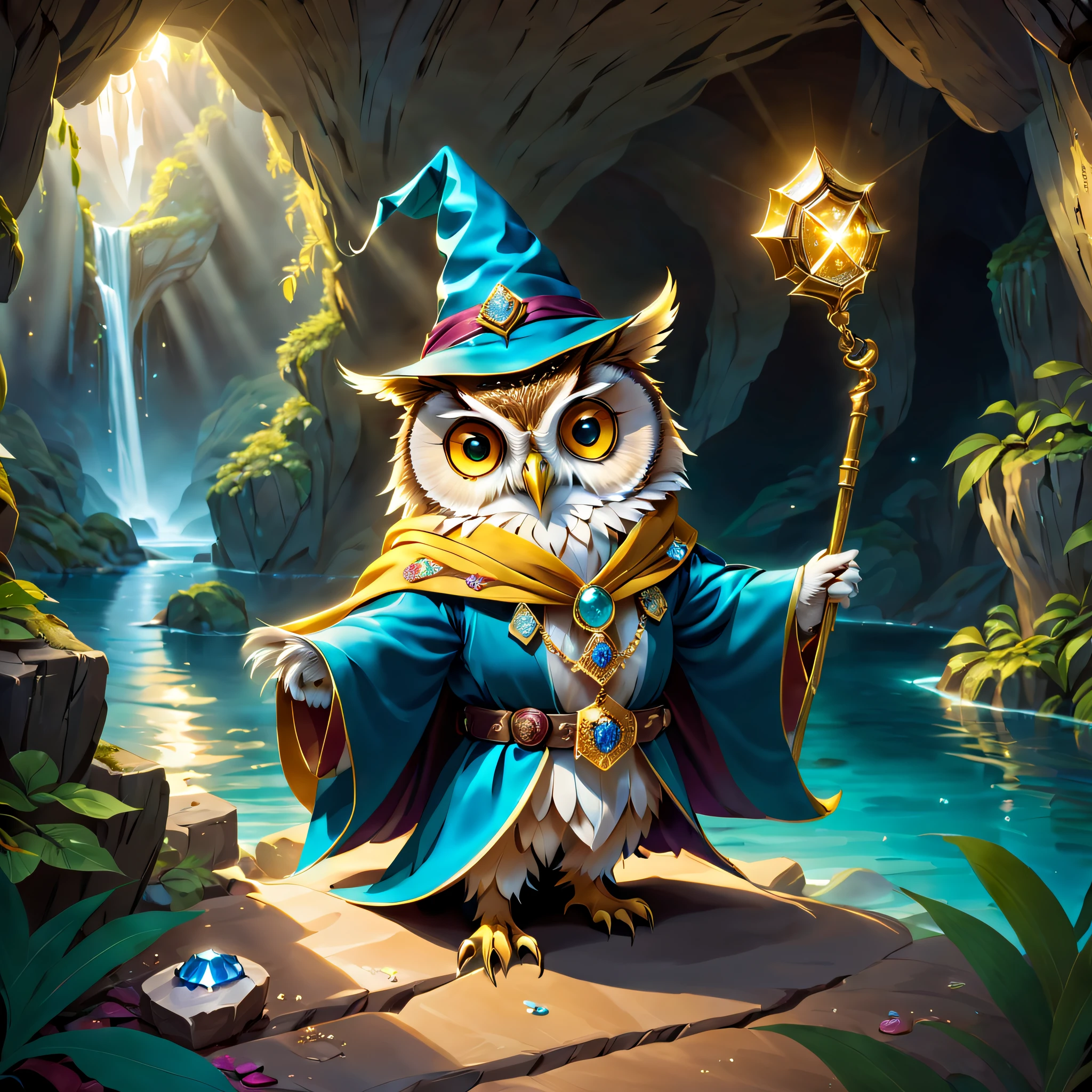 When a cute owl steps into a dark cave,A faint ray of sunlight shone through the gap in the mage's robes,Wear a special magician costume, Wear a pointed hat,Teach with a wand,A bright silk scarf is tied on it,Embroidered with a gold expedition badge,It symbolizes courage and adventurous spirit,The cave is filled with an ancient atmosphere,The walls are covered with sparkling crystals,Go deep into the cave, The owl discovers a hidden passage,The walls of the passage are inlaid with pearls of strange shapes,radiating a soft,Walk cautiously through the passage,The faint sound of running water was heard,Stunning underground waterfalls。 Waterfalls rush down from the towering rock faces,A pool of crystal clear water is formed。The pool shimmered blue,There seems to be an endless treasure hidden,Explore an island made up of pearls and gemstones in the water, There is an elaborate treasure chest on the island,Set with sparkling diamonds。The owl cautiously opens the chest,Found filled with glittering gems and gold coins。 (Cinematic lighting, first person perspective, angle of view, in a panoramic view, Ultra-wide angle, hyper HD, Anatomically correct, Masterpiece, ccurate, Award-Awarded, Best quality),Dressed animals page
