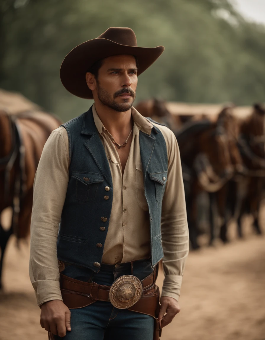 cinematic portrayal, ((parte superior do corpo)), facing the audience, (realidade :1.3), Foto de arte mais bonita do mundo, A man looks at the camera, Looks jeans vintage, Cowboy ocidental, rosto bonito detalhado, action shot, (intrincado :1.4), Fundo ocidental, fotografia realista, Durante o dia, CG, Stand de Arte