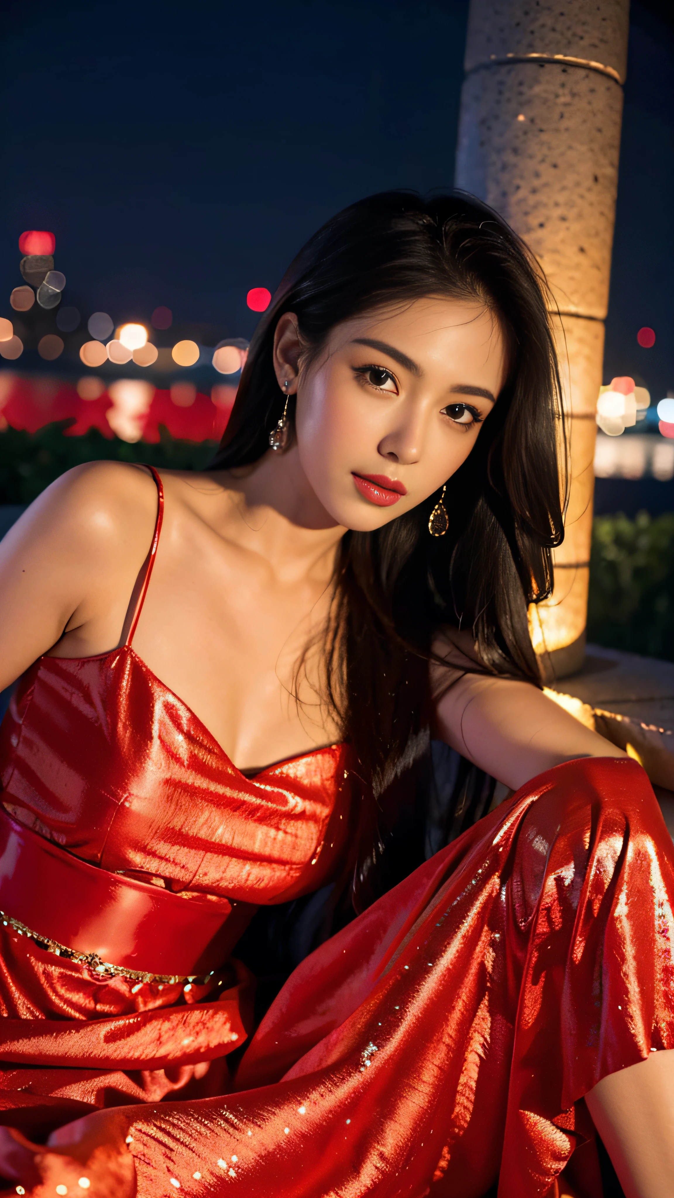 8K, ultra hd, masterpiece, 1 girl, good face, long hair, detailed eyes, glossy lips, medium breast, princess dress, red dress, jewellery, night view, attractive poses,