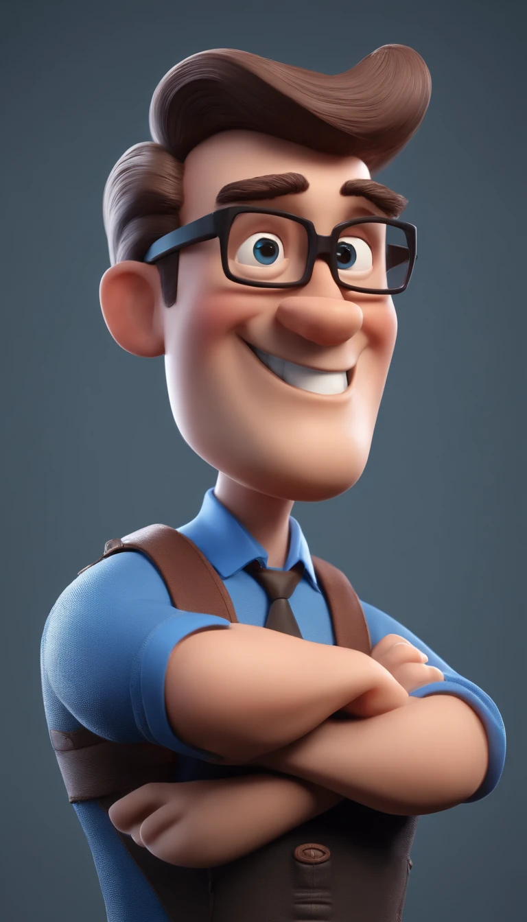 Cartoon character of a man with black glasses and a blue shirt, animation character, Caractere estilizado, animation style rendering, 3D estilizado, Arnold Maya render, 3 d render stylized, toon render keyshot, Personagem 3D, Personagem 3D, 3d rendering stylized, 3 d character render, personagem de desenho animado, Personagem de close up, Pose de personagem,  (Estilo Pixar) (master part:1.2) (Bokeh) (best quality) (pele detalhada) (textura detalhada) (8k) (argila) (Cinematic lighting) (foco nítido