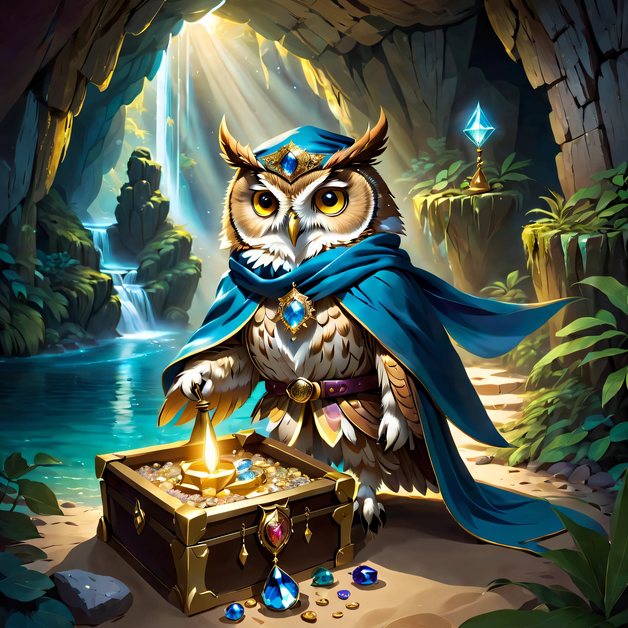 When a cute owl steps into a dark cave,A faint ray of sunlight shone through the gap in the mage's robes,Wear a special magician costume, Wear a pointed hat,Teach with a wand,A bright silk scarf is tied on it,Embroidered with a gold expedition badge,It symbolizes courage and adventurous spirit,The cave is filled with an ancient atmosphere,The walls are covered with sparkling crystals,Go deep into the cave, The owl discovers a hidden passage,The walls of the passage are inlaid with pearls of strange shapes,radiating a soft,Walk cautiously through the passage,The faint sound of running water was heard,Stunning underground waterfalls。 Waterfalls rush down from the towering rock faces,A pool of crystal clear water is formed。The pool shimmered blue,There seems to be an endless treasure hidden,Explore an island made up of pearls and gemstones in the water, There is an elaborate treasure chest on the island,Set with sparkling diamonds。The owl cautiously opens the chest,Found filled with glittering gems and gold coins。 (Cinematic lighting, first person perspective, angle of view, in a panoramic view, Ultra-wide angle, hyper HD, Anatomically correct, Masterpiece, ccurate, Award-Awarded, Best quality),Dressed animals page