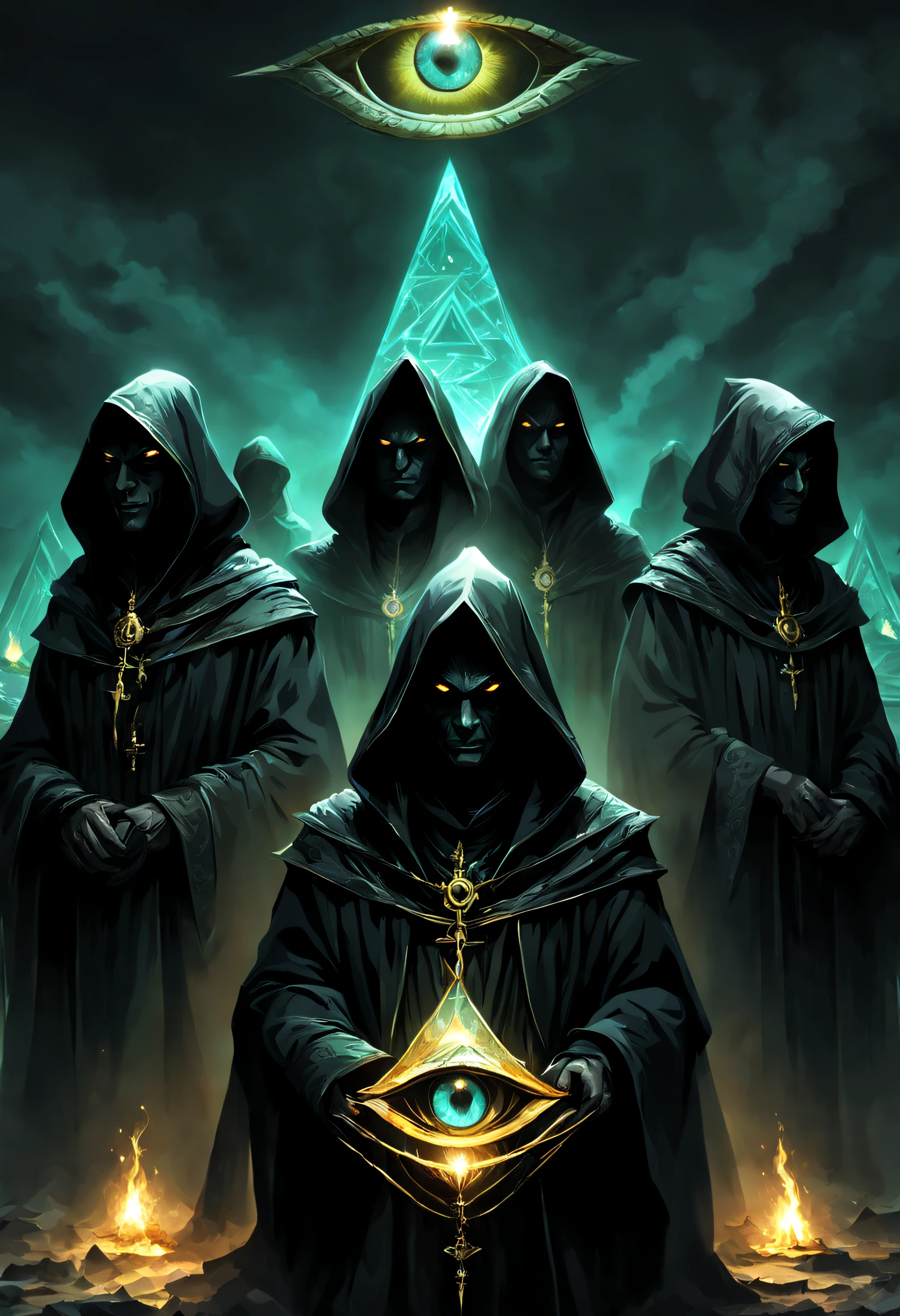 several evil people in hoods in dark robes on cerimony, Vector Sign of the All-Seeing Eye in piramidal structure, glow reptilian eyes, UHD, by Aleksi Briclot and Alessio Albi and Alexandre Cabanel